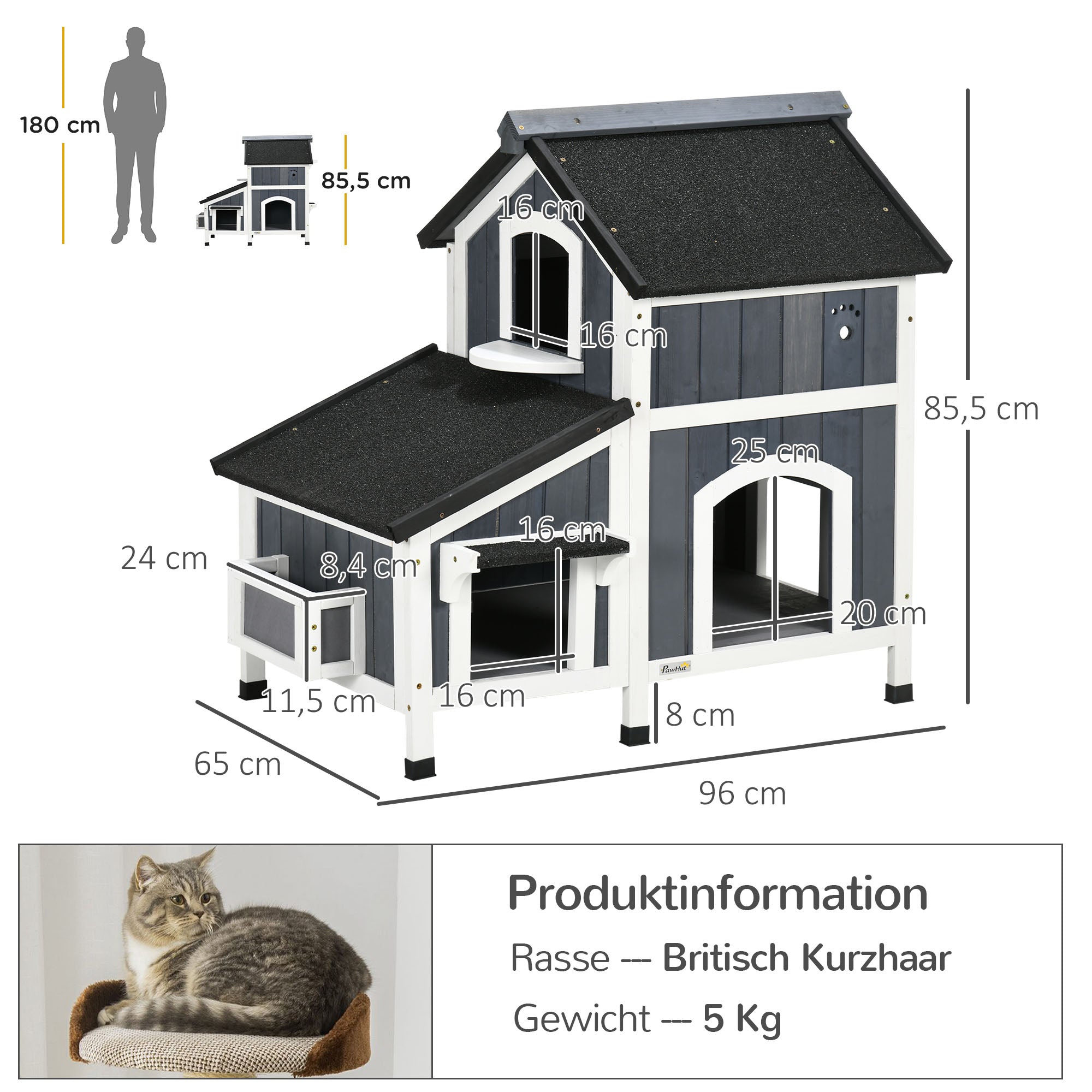 Logidon kattenhuis van dennenhout, twee verdiepingen met asfaltdak, grijs