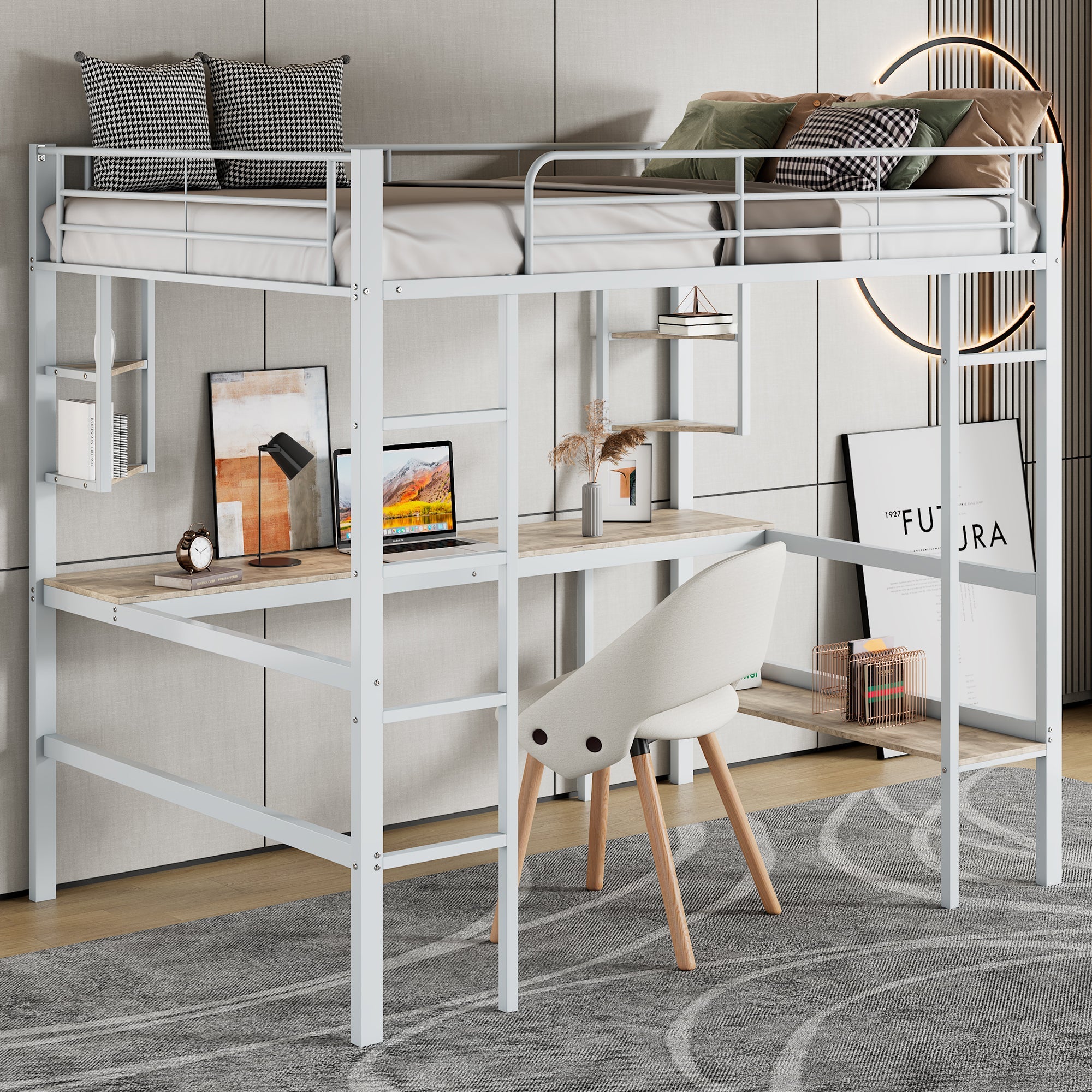 Logidon 90x200cm metal bed loft bed with desk and shelves white