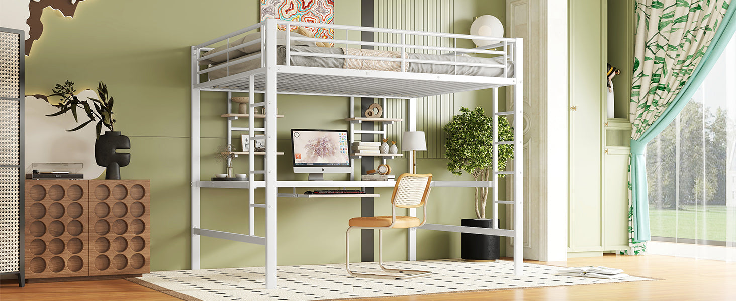 Logidon hoogslaper 140x200 cm metalen bed met bureau en plank wit