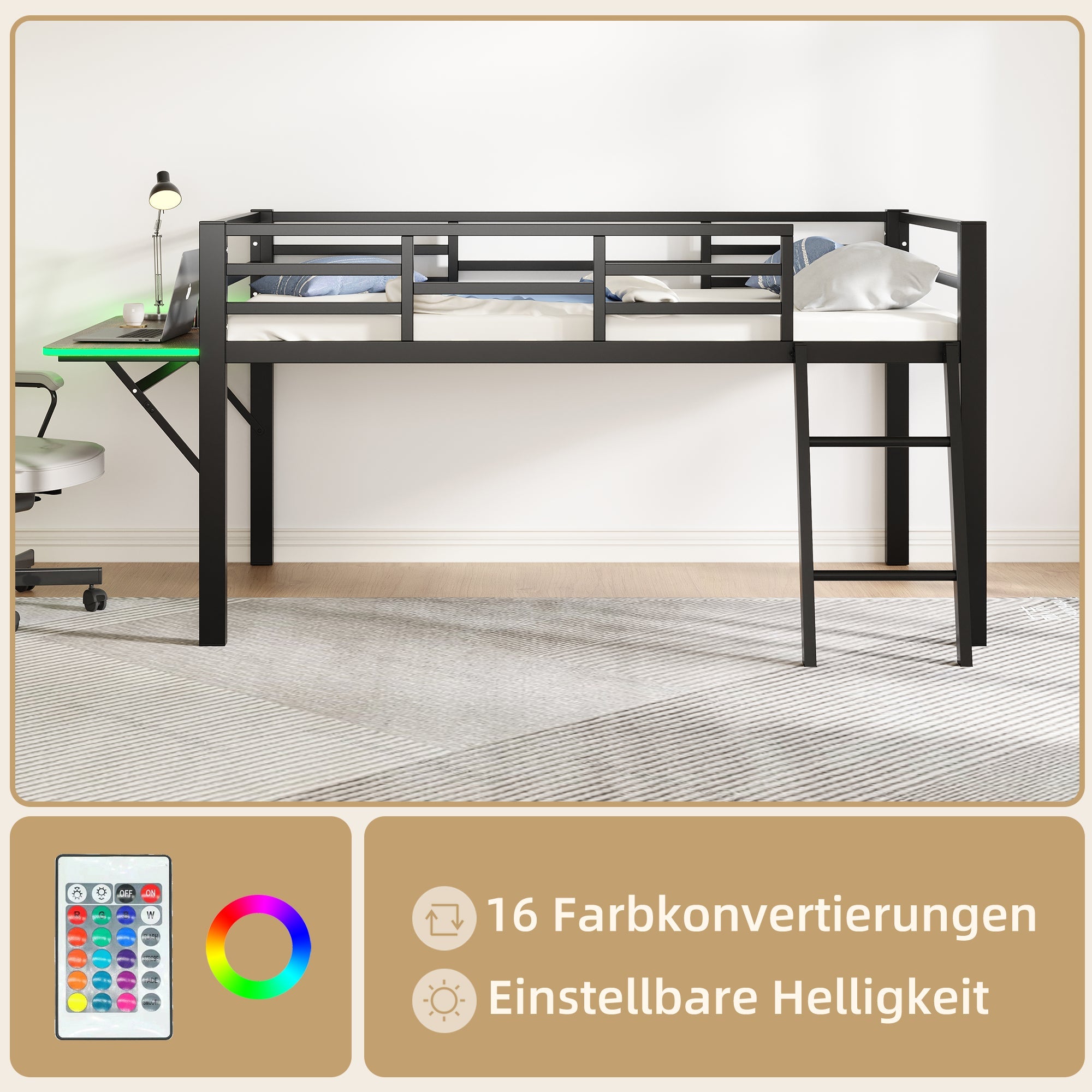 Logidon hoogslaper 90x200 zwart met bureau en LED-lichtstrip
