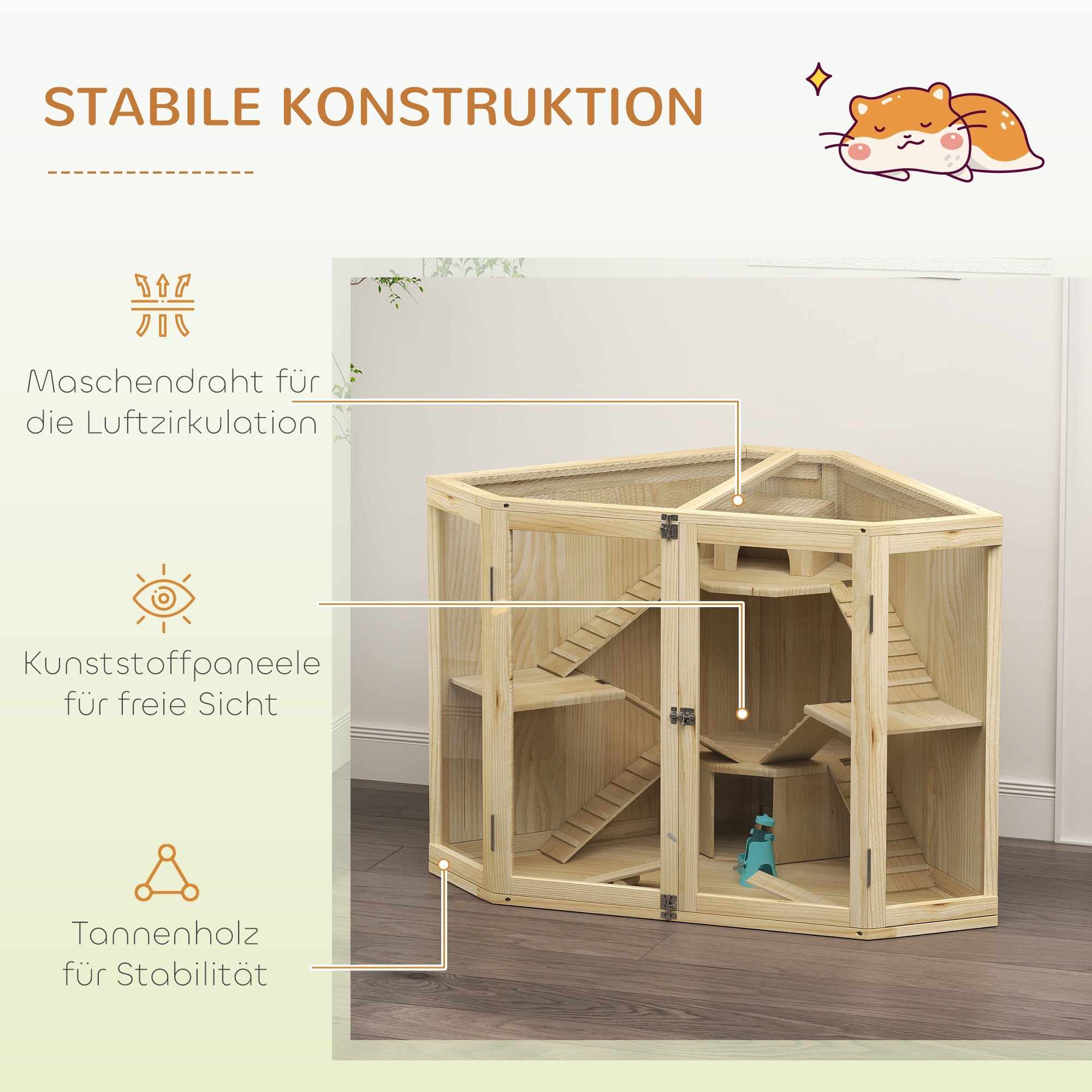 Logidon hamsterkooi hout naturel 4 niveaus voerstation