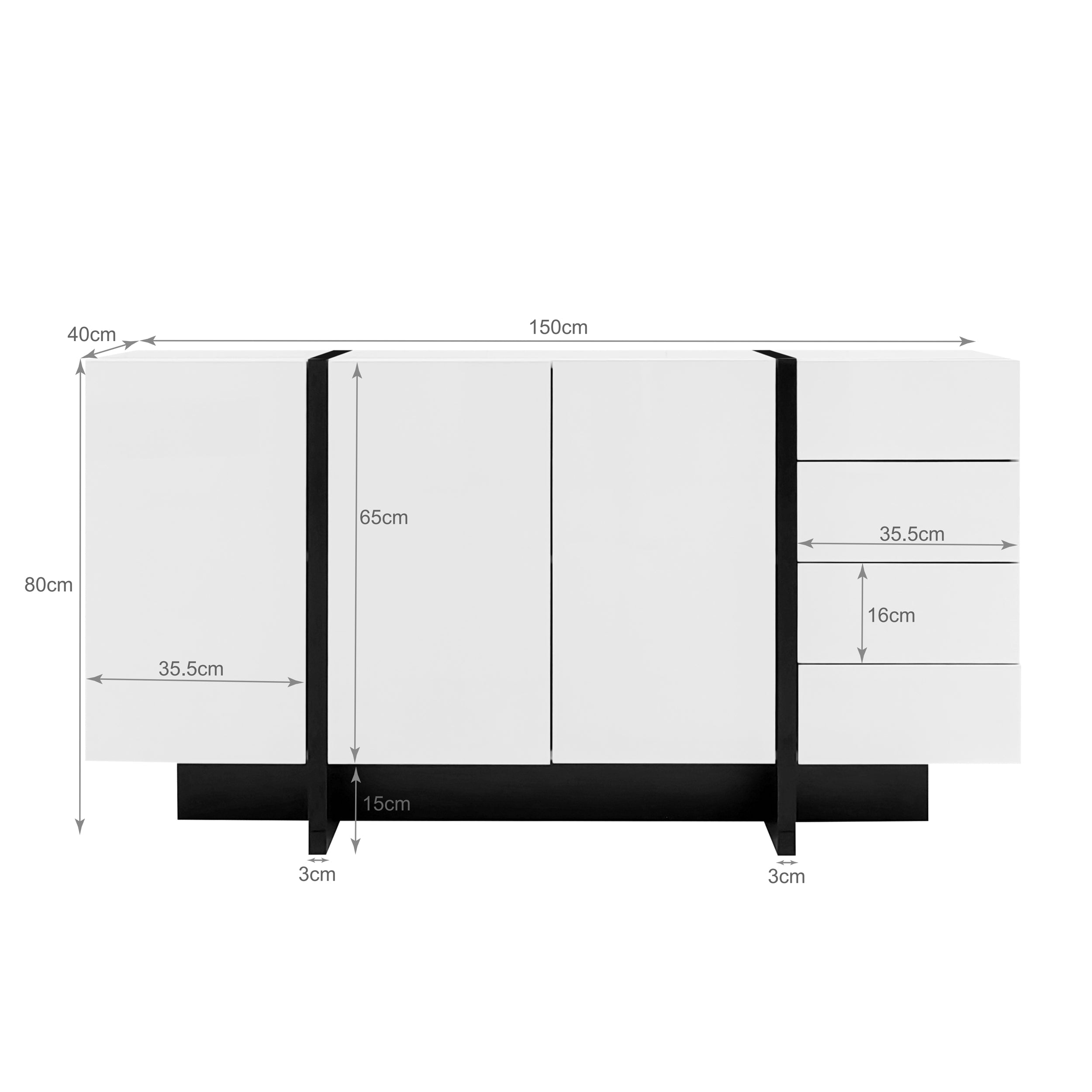 Logidon wit hoogglans dressoir 150x40x80,5 2 deuren 4 lades