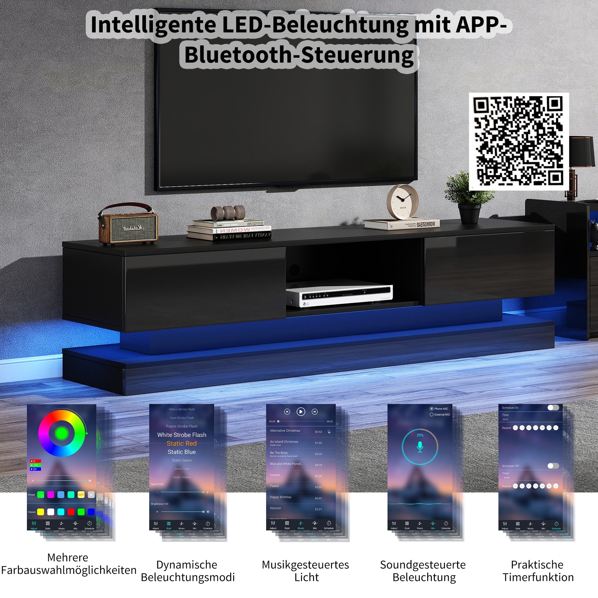Logidon Zwart Hoogglans TV-meubel 160 CM Met LED 2 Laden