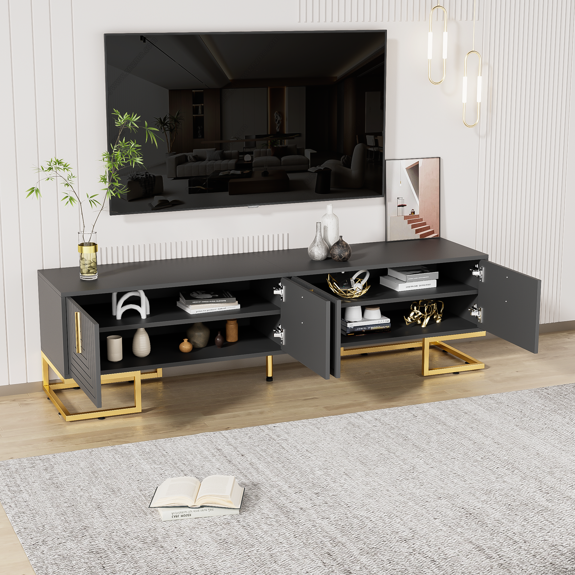 Logidon TV-meubel 170 cm Grijs Zwart met Gouden Accenten en Lades
