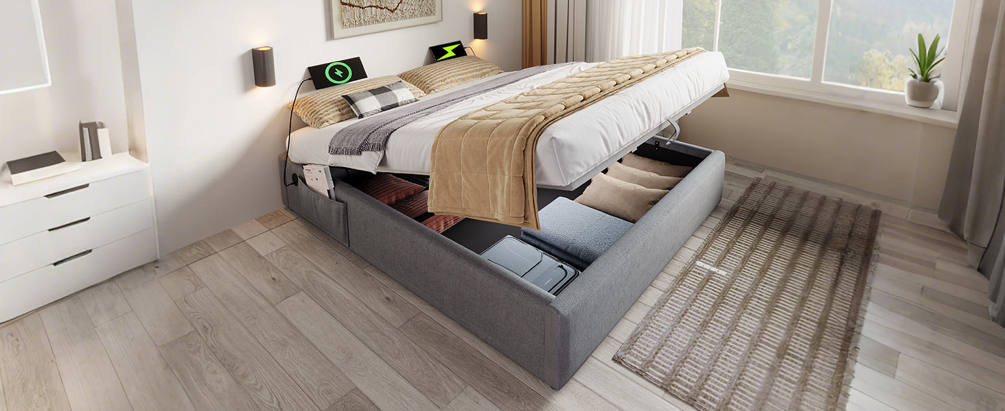 Logidon upholstered bed double bed 140x200 cm with USB C storage space gray