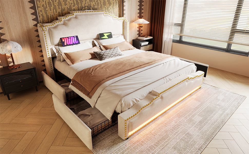 Logidon gestoffeerd bed 160x200 beige fluweel met 4 lades LED USB C