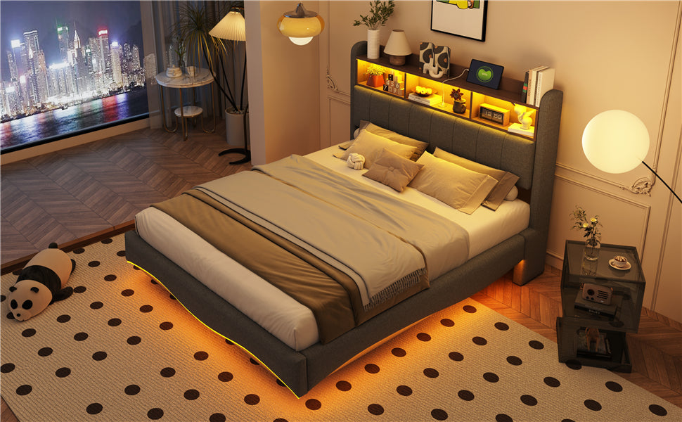 Logidon upholstered bed 140x200 gray with LED light USB storage space