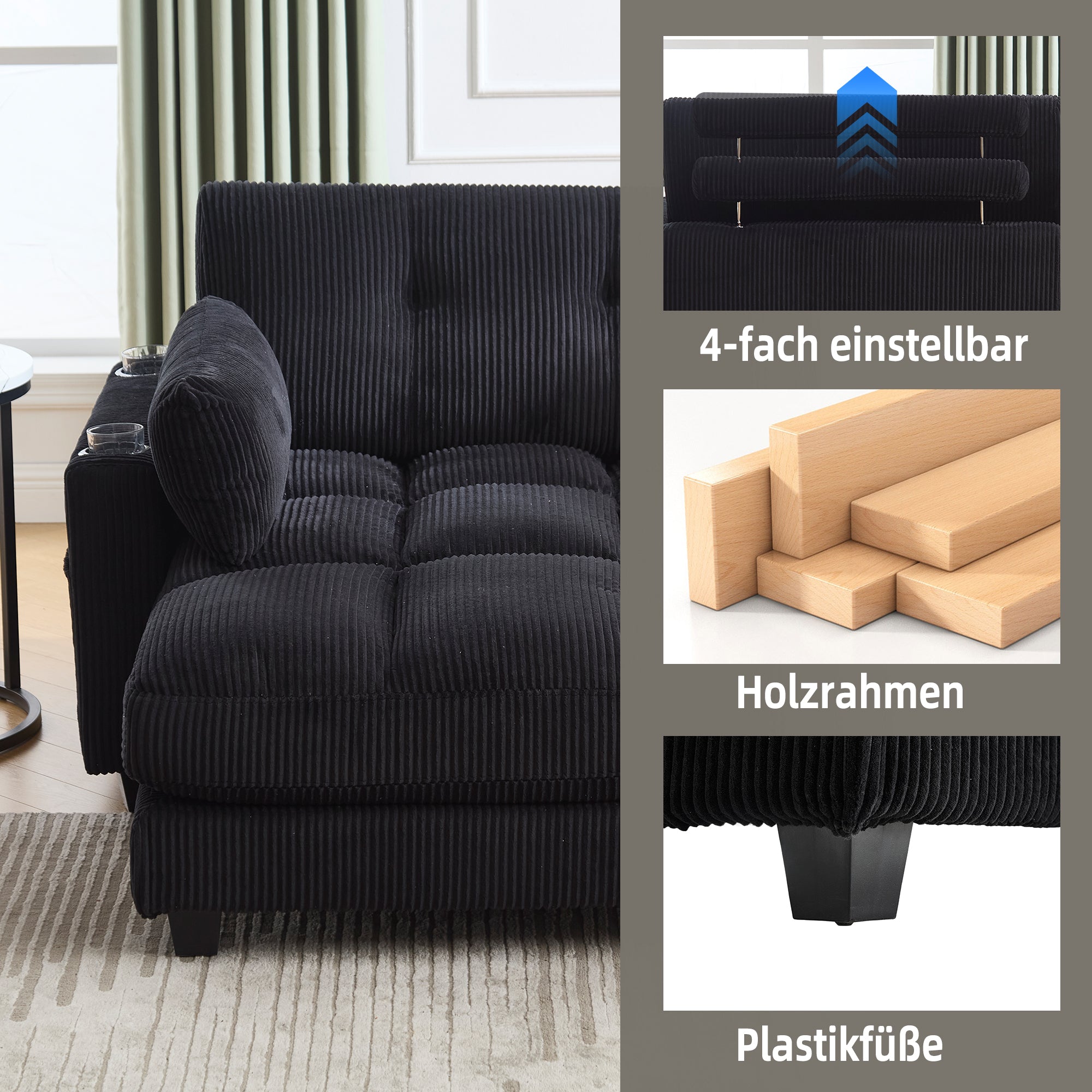 Logidon palmstoel fluwelen bank zwart met USB-oplaadfunctie