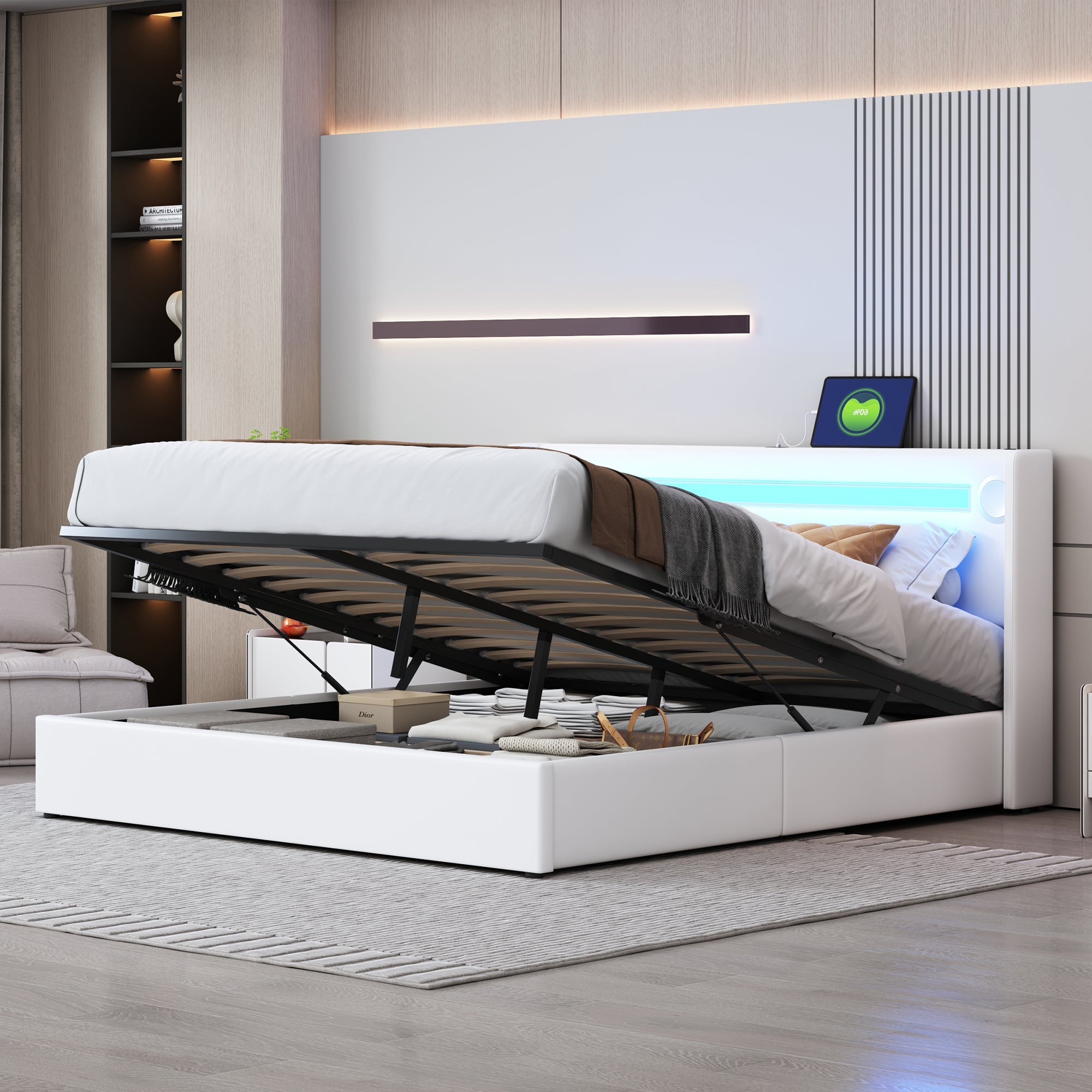 Logidon gestoffeerd bed 160x200 wit met LED lichtstrip Bluetooth USB