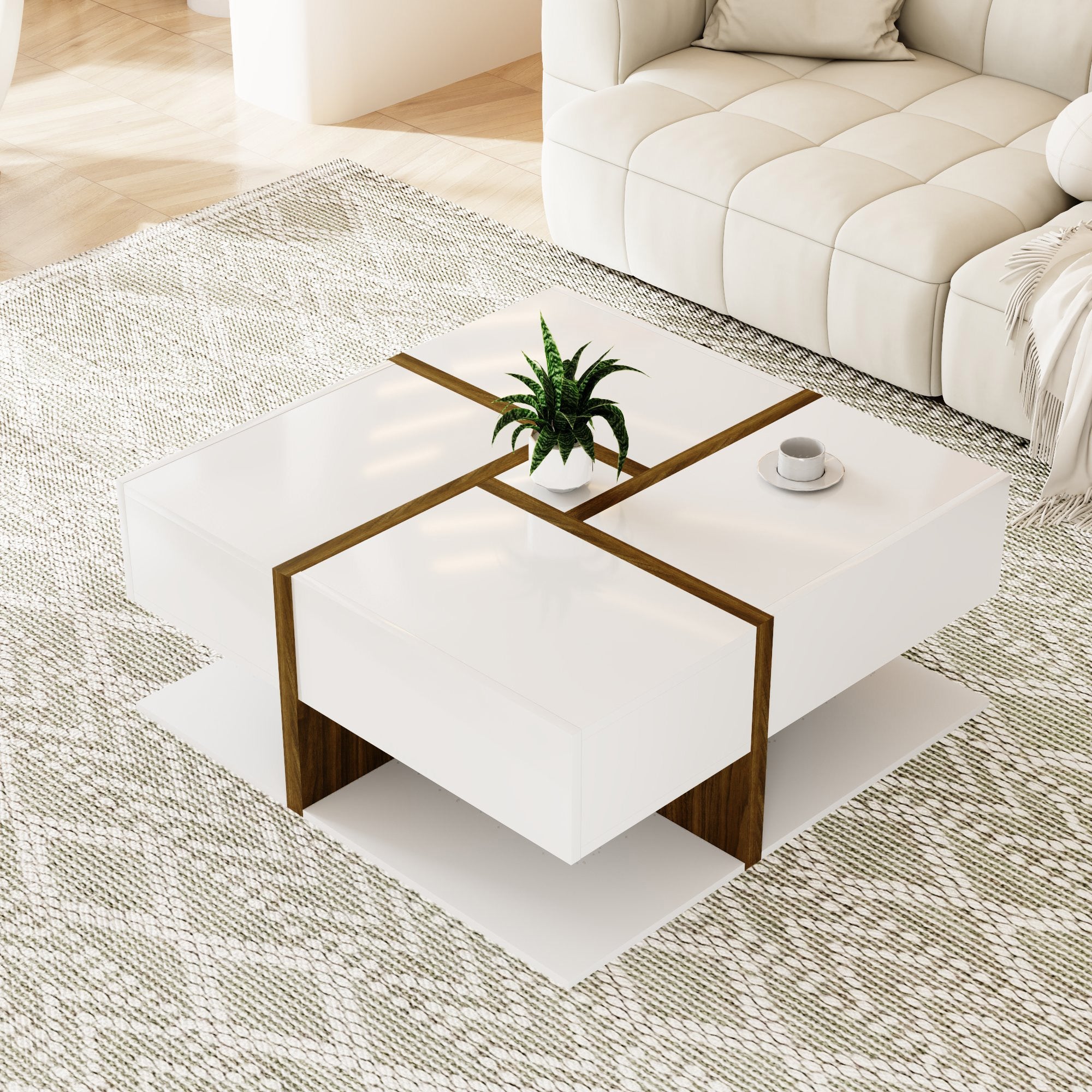 Logidon hoogglans salontafel wit met vier lades 78x78 cm