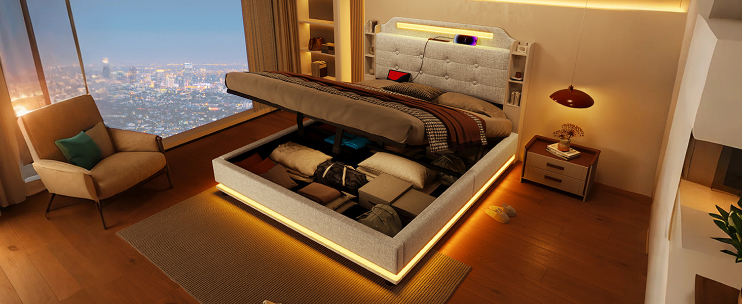 Logidon gestoffeerd bed 140x200 beige met LED lichtstrip en opbergruimte