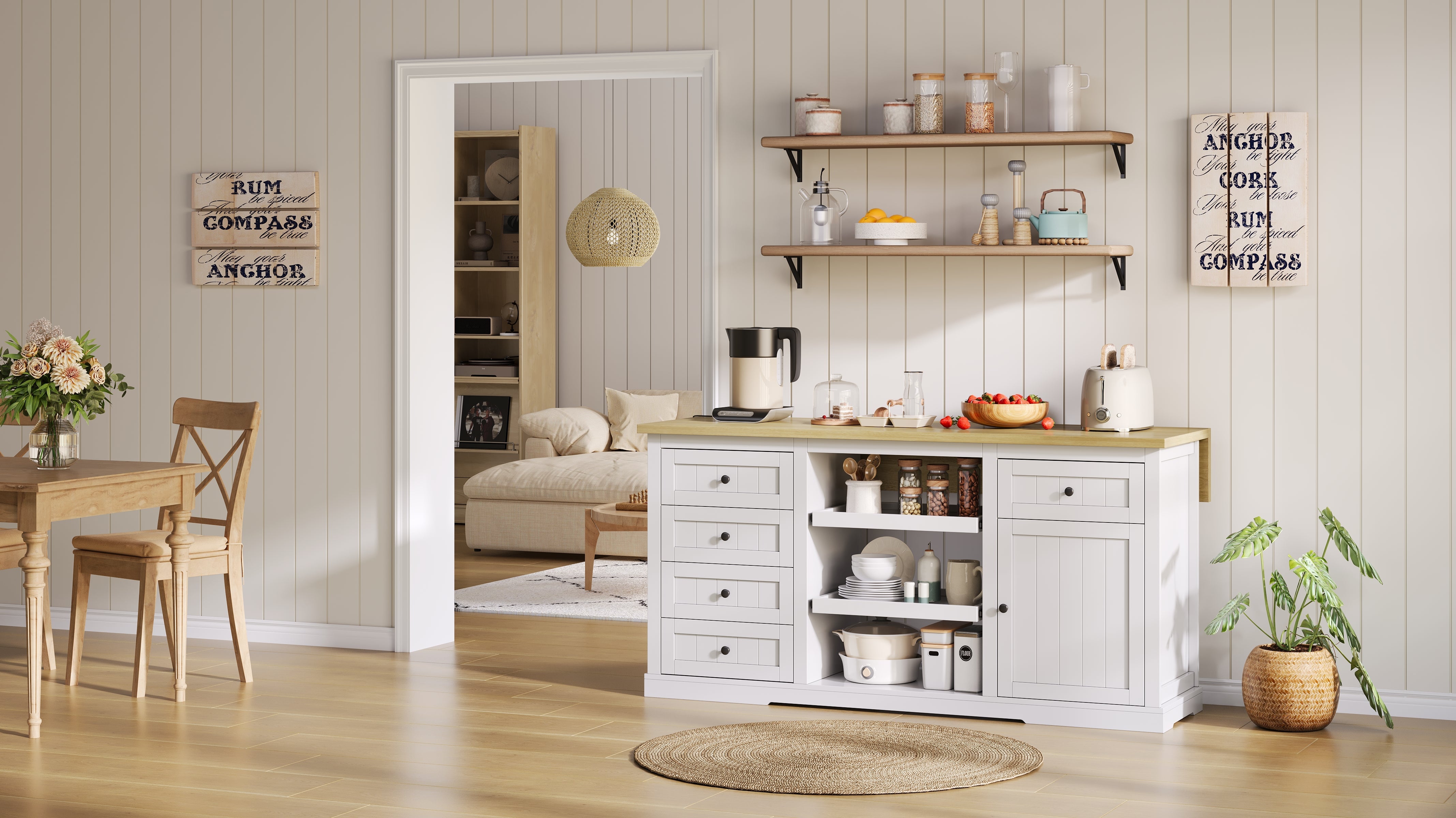Logidon dressoir keukeneiland wit houten blad 5 laden 150x65x75 cm