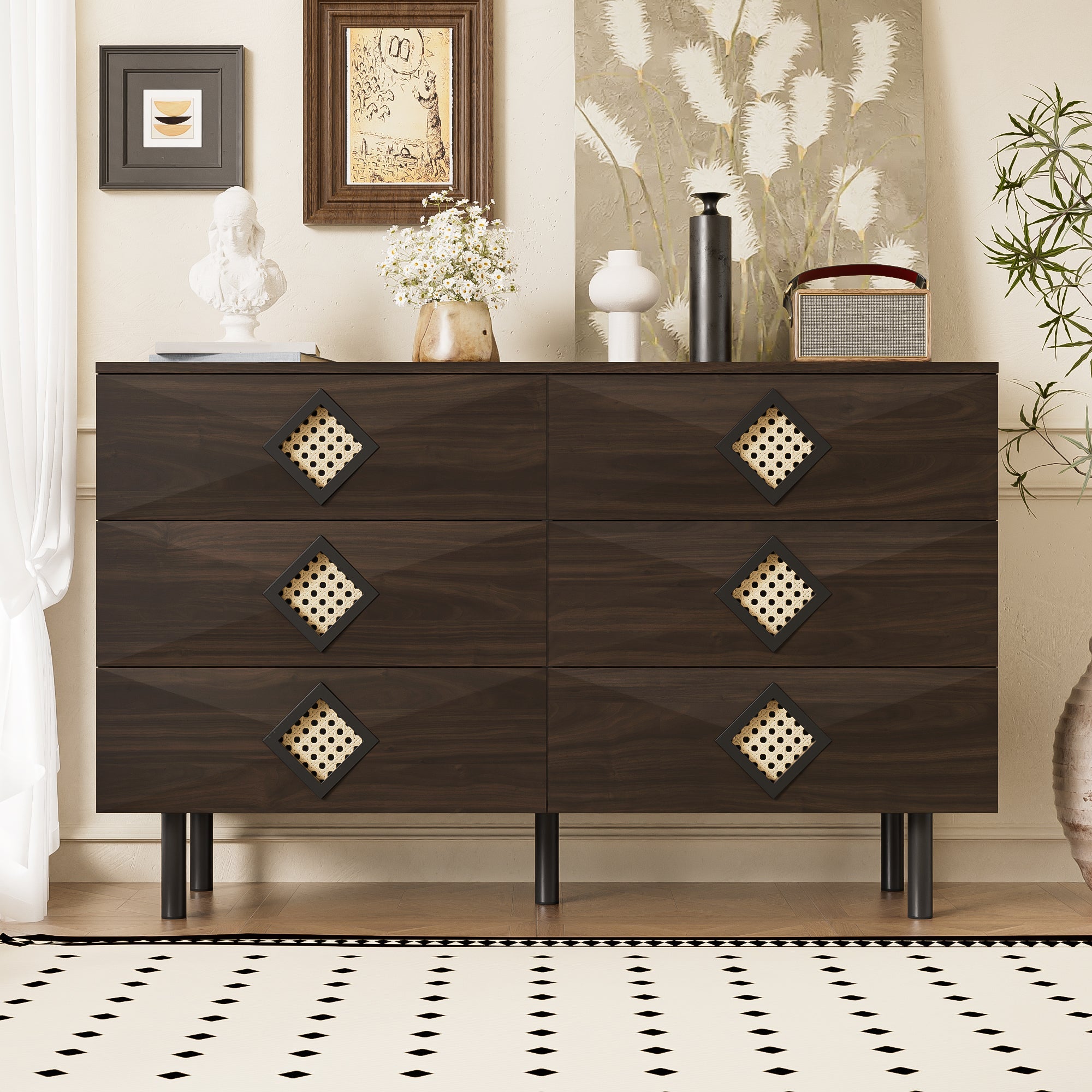 Logidon Elegante kaptafel met 6 laden, walnoot met rotan handvat