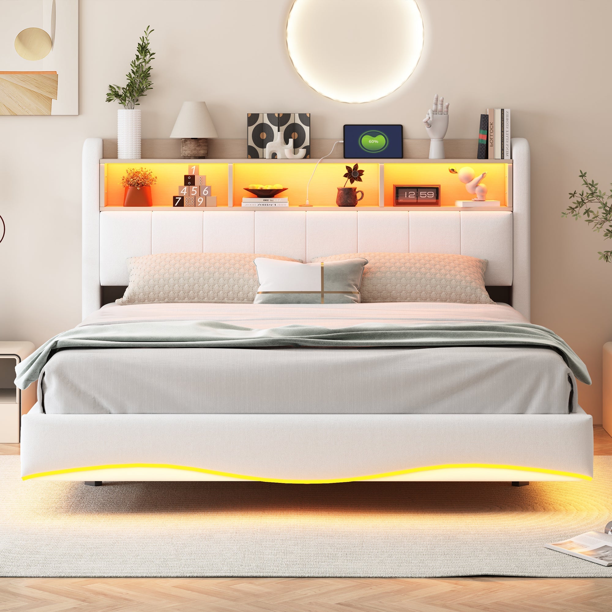 Logidon hangend gestoffeerd bed 160x200 beige met LED-licht USB C