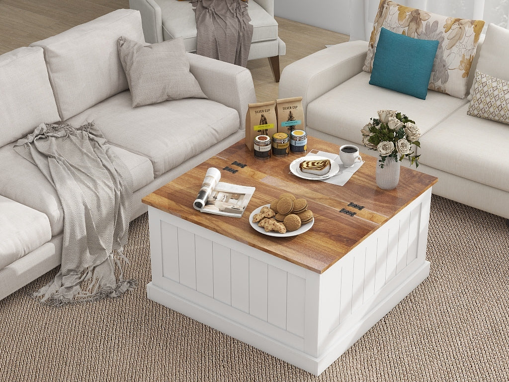 Logidon Boerderij salontafel 80x80 cm met hefblad en opbergruimte wit