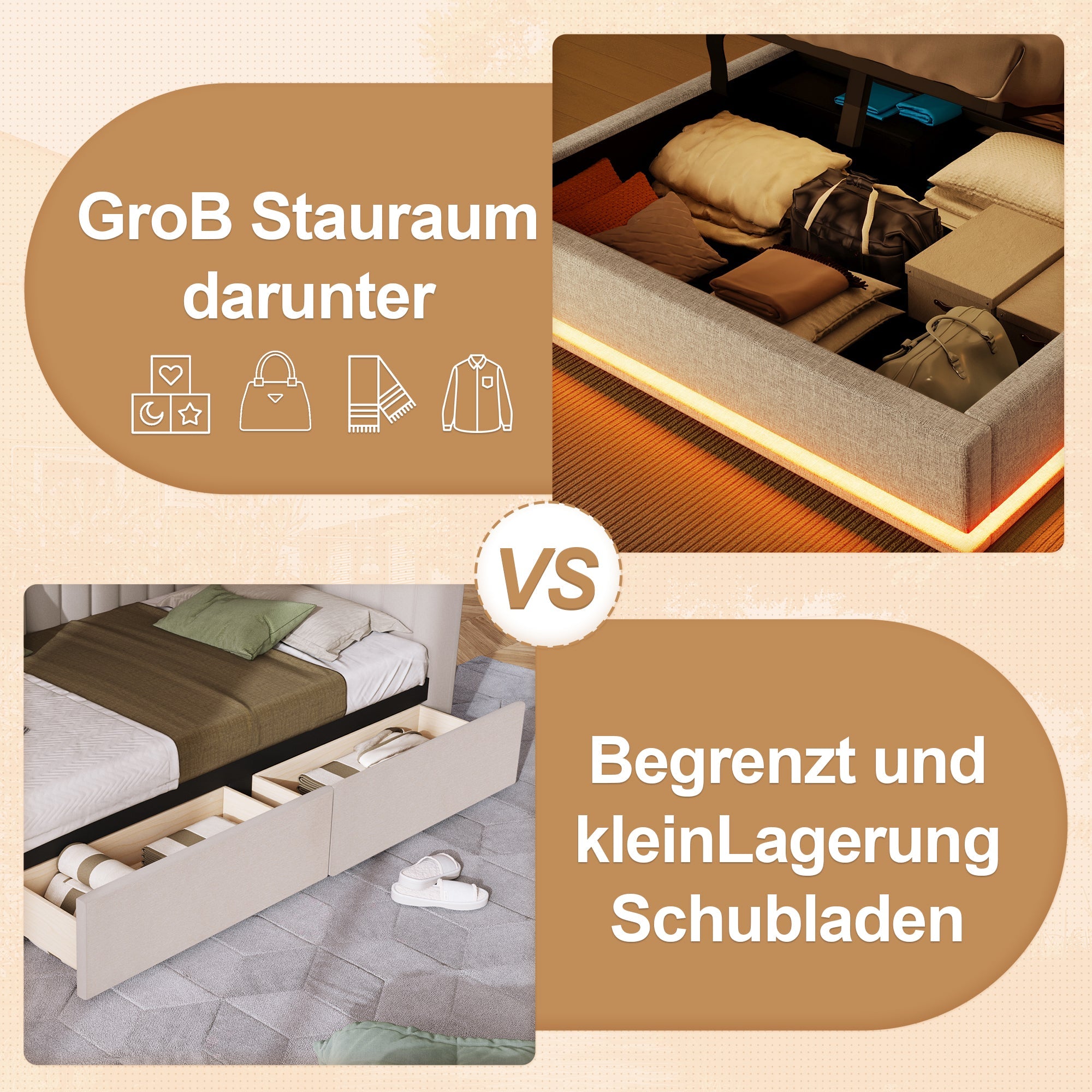 Logidon gestoffeerd bed 140x200 beige met LED lichtstrip en opbergruimte