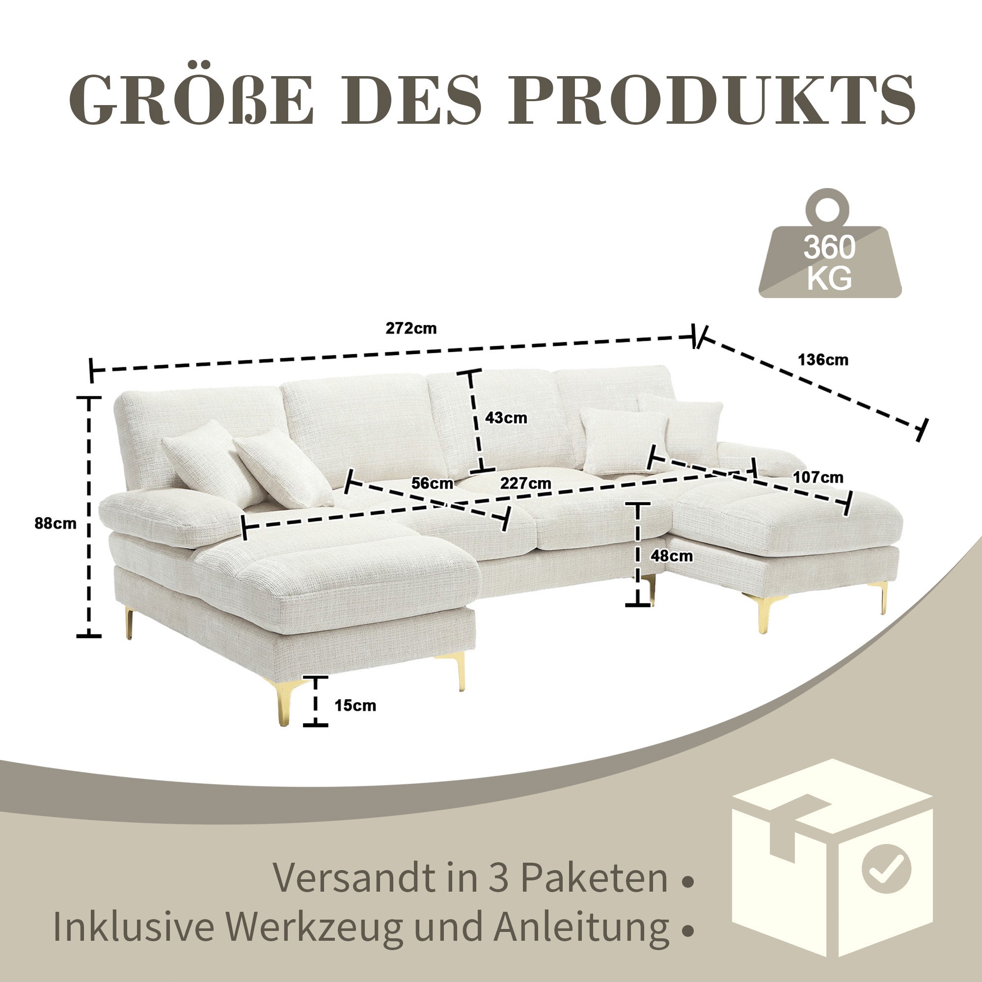 Logidon moderne chenille U-vormige zitbank, beige dubbele ligstoel