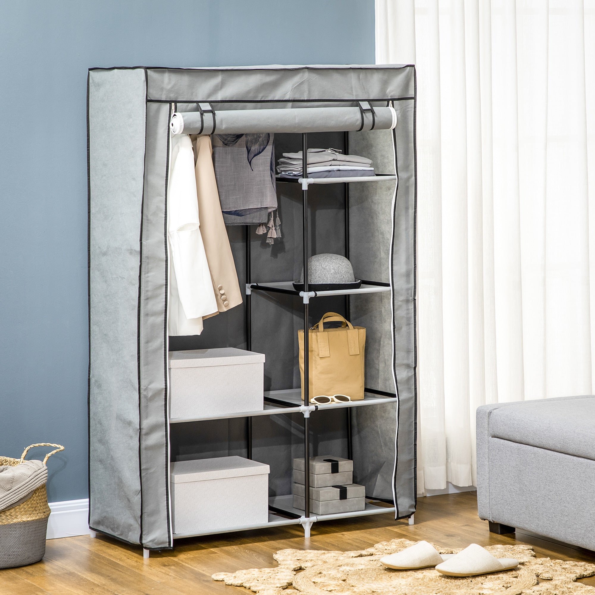 Logidon stoffen kledingkast grijs 6 vakken 103x43x162,5 cm opvouwbare kledingkast
