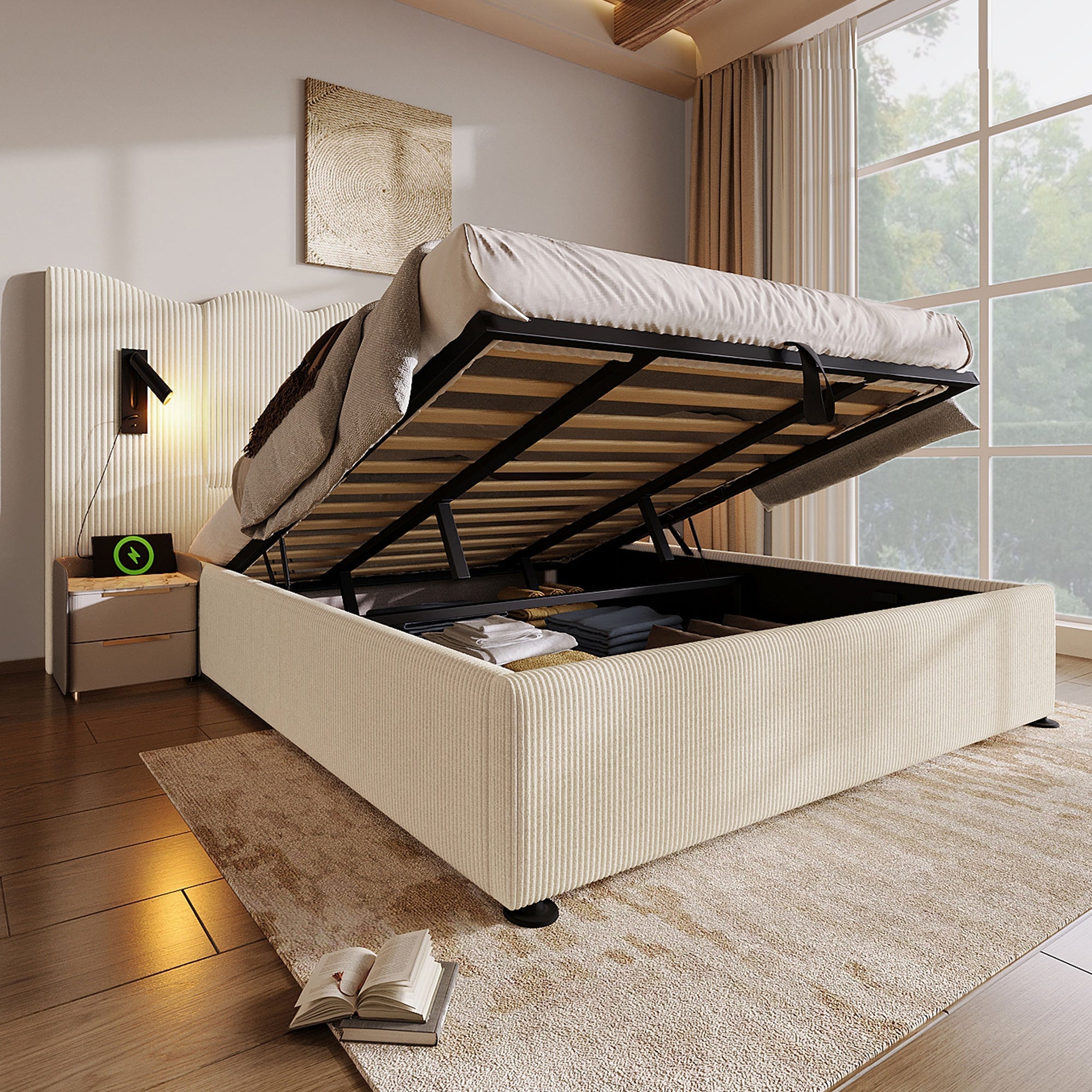 Logidon gestoffeerd bed tweepersoonsbed 180x200 beige-wit leeslamp USB-C opladen