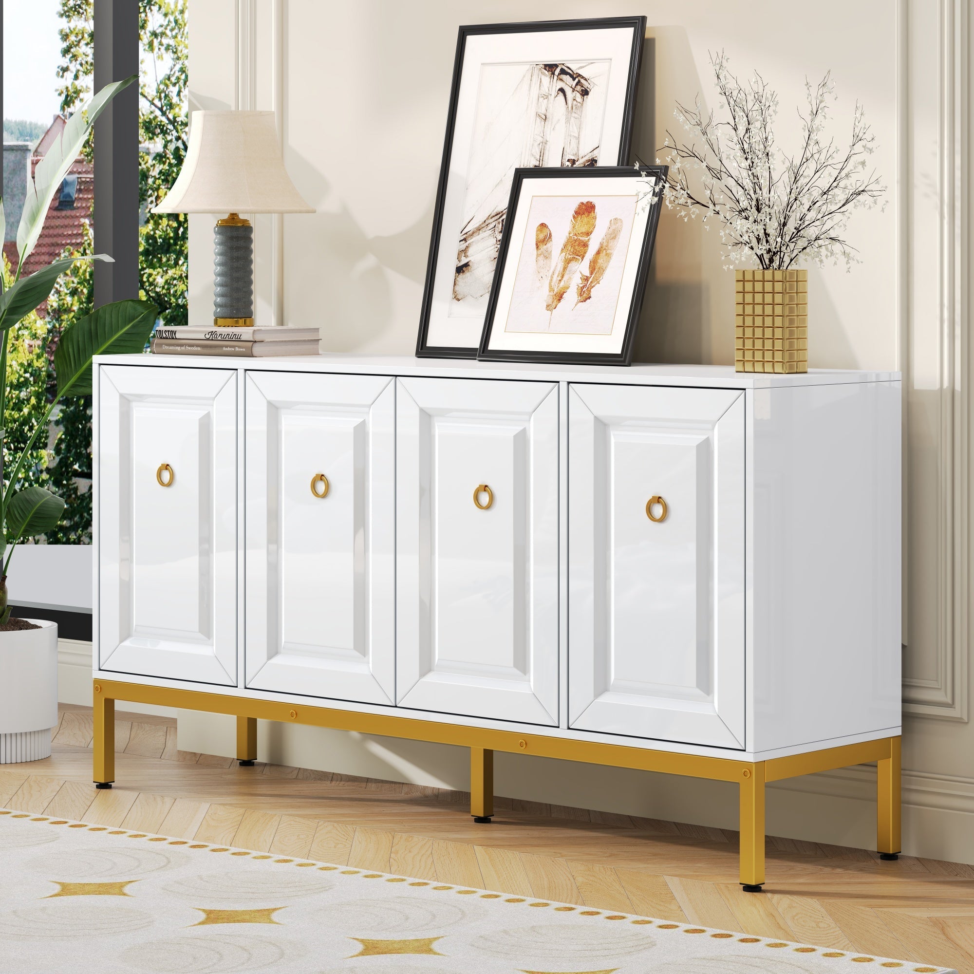 Logidon dressoir hoogglans wit 140x80x40 cm gouden handgrepen