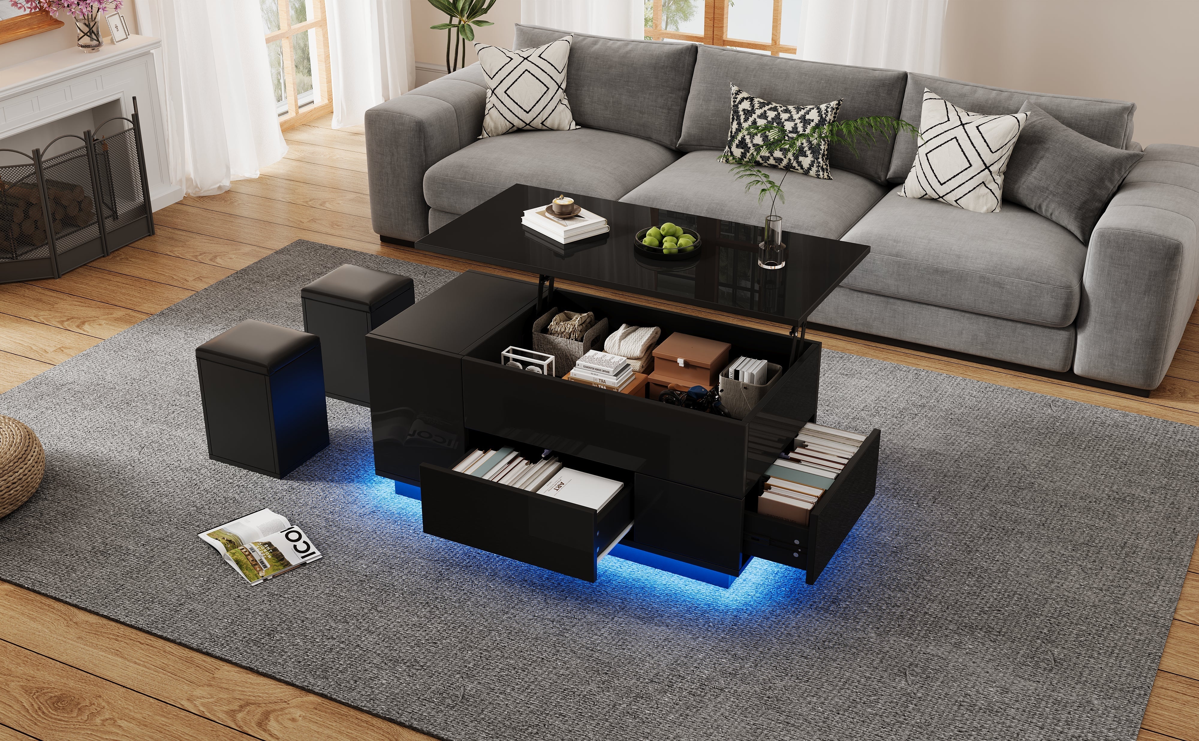 Logidon 4-in-1 in hoogte verstelbare salontafel zwart 100x50x45 cm LED