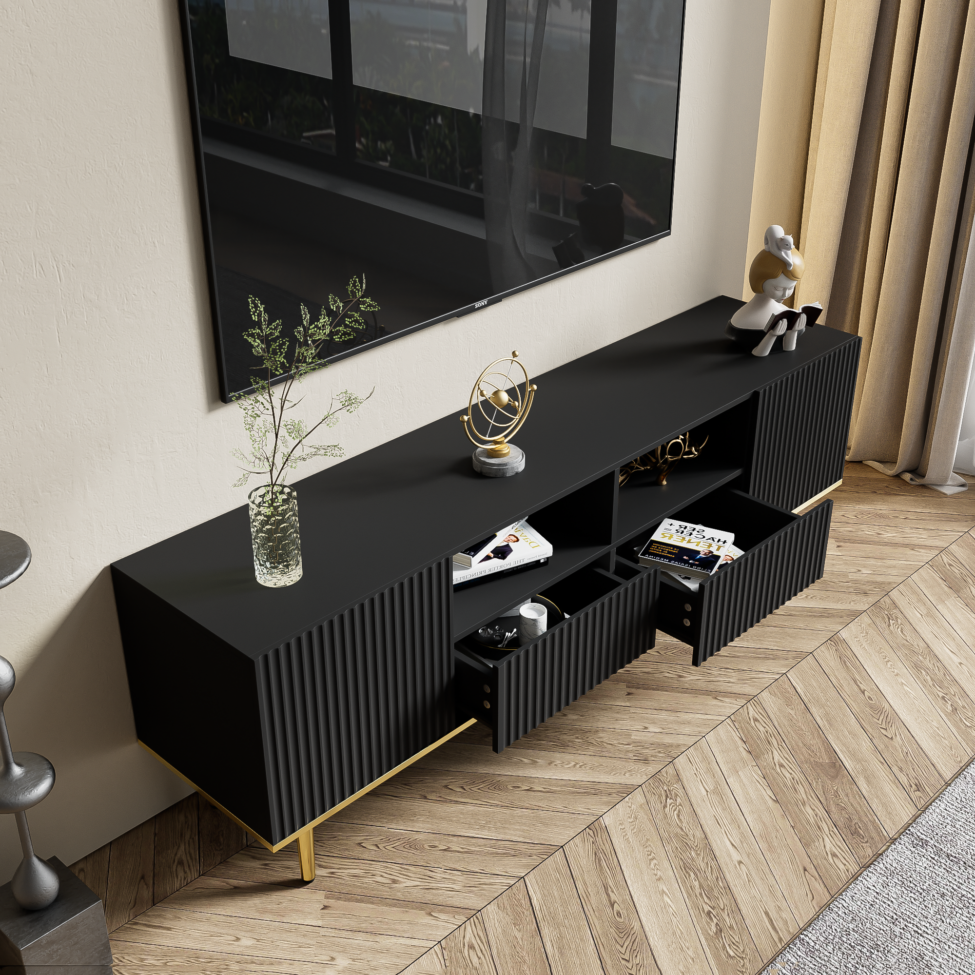 Logidon Modern TV-meubel 165 cm Zwart met Gouden Voeten en Rand
