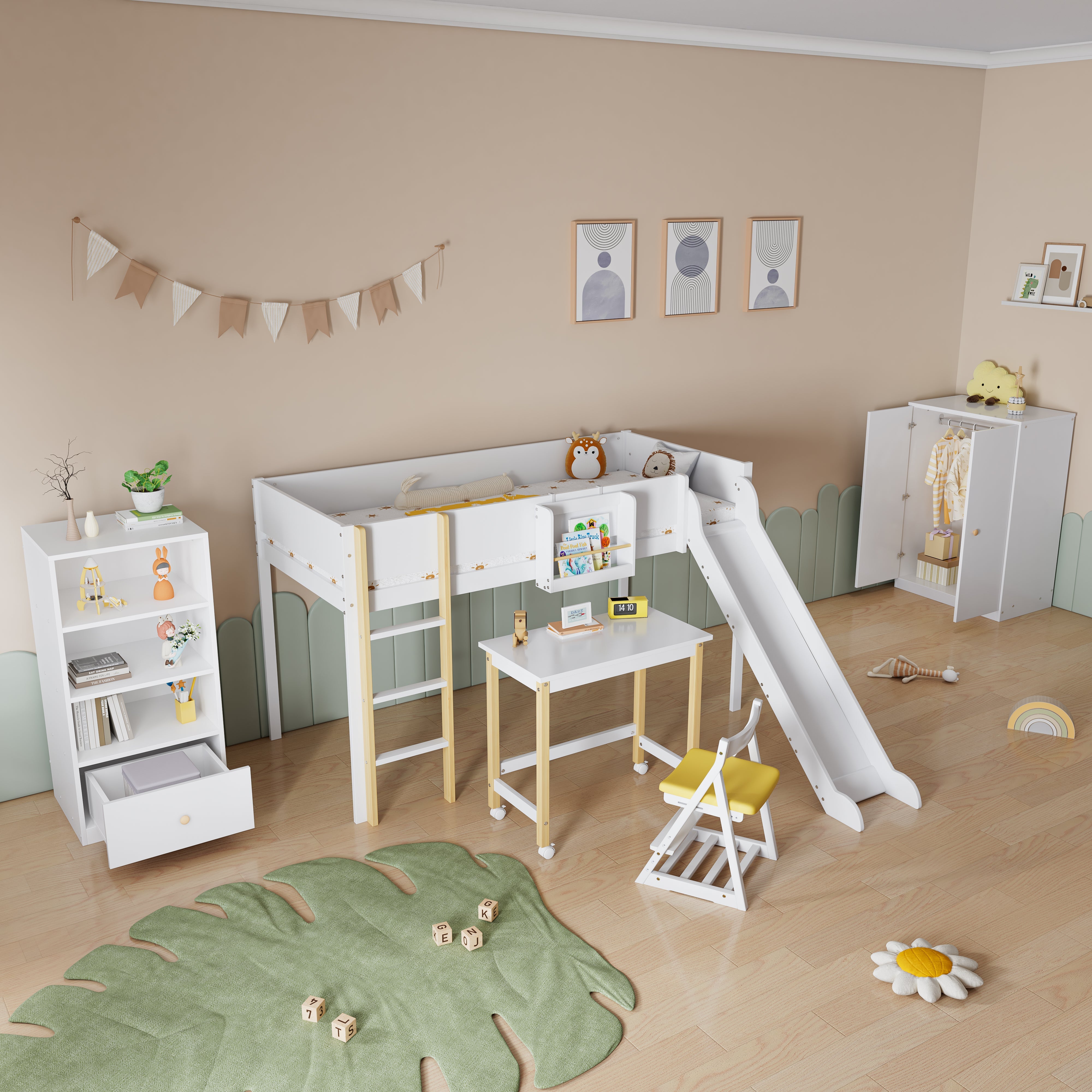 Logidon complete bedroom 3-piece loft bed with slide white/natural