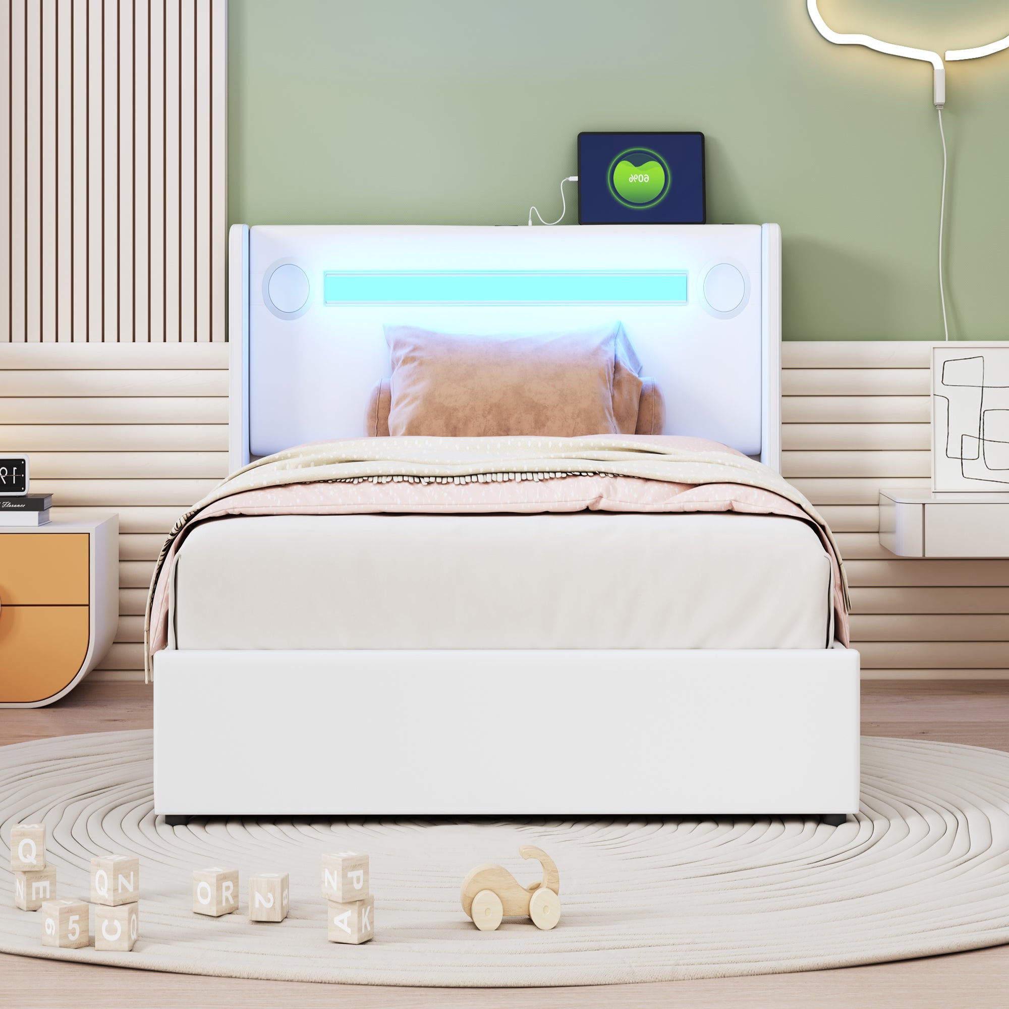 Logidon gestoffeerd bed 90x200 hoogslaper met LED lichtstrip USB wit