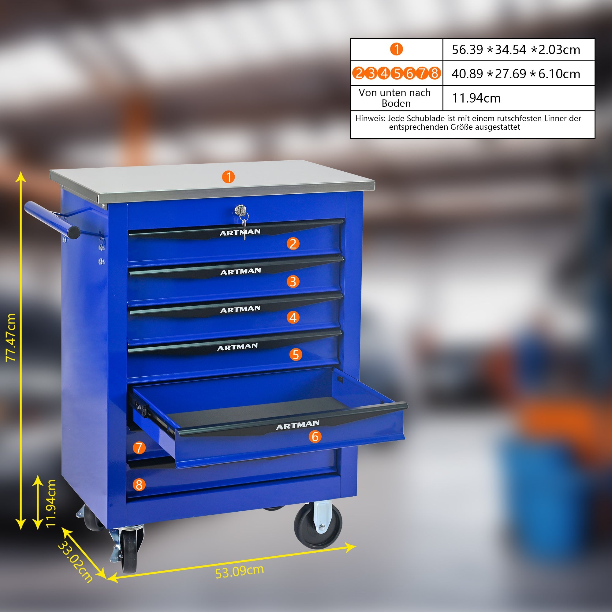 Logidon gereedschapswagen 7 laden blauw stalen wielen RVS dak