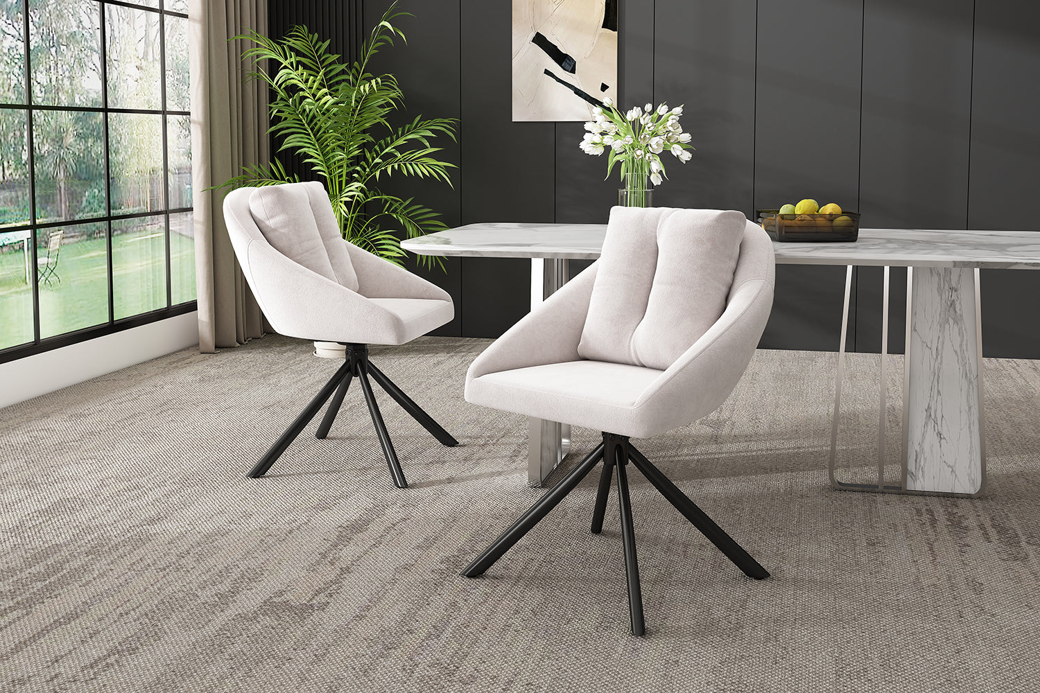 Logidon Beige Velvet Swivel Chair, Ergonomic Design, Set of 4