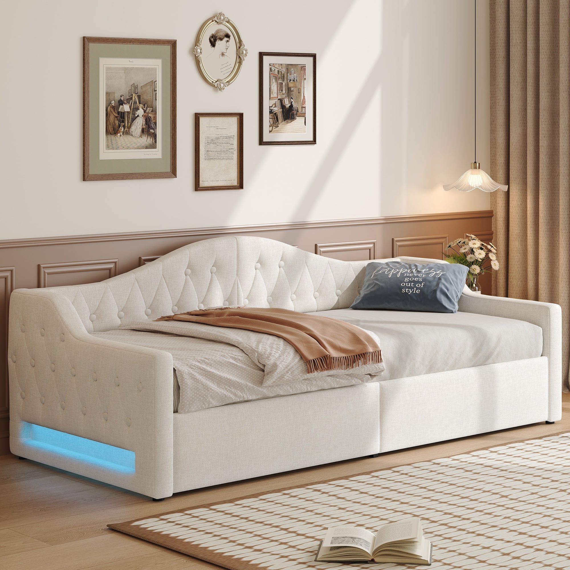 Logidon gestoffeerd dagbed 90x200 beige met opbergruimte met LED-verlichting