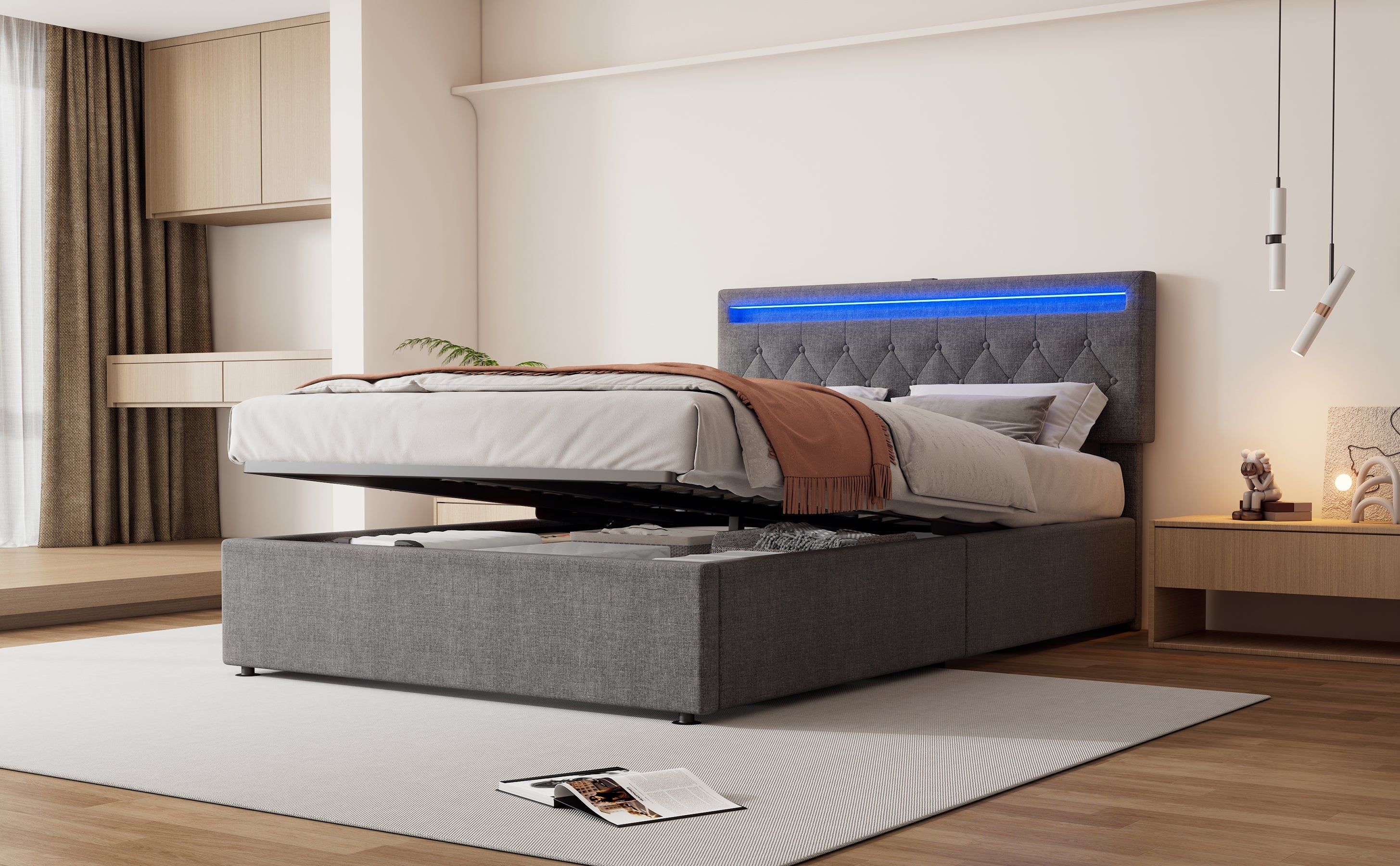 Logidon 140x200 cm gewatteerd bed met sfeerlichtopberger grijs