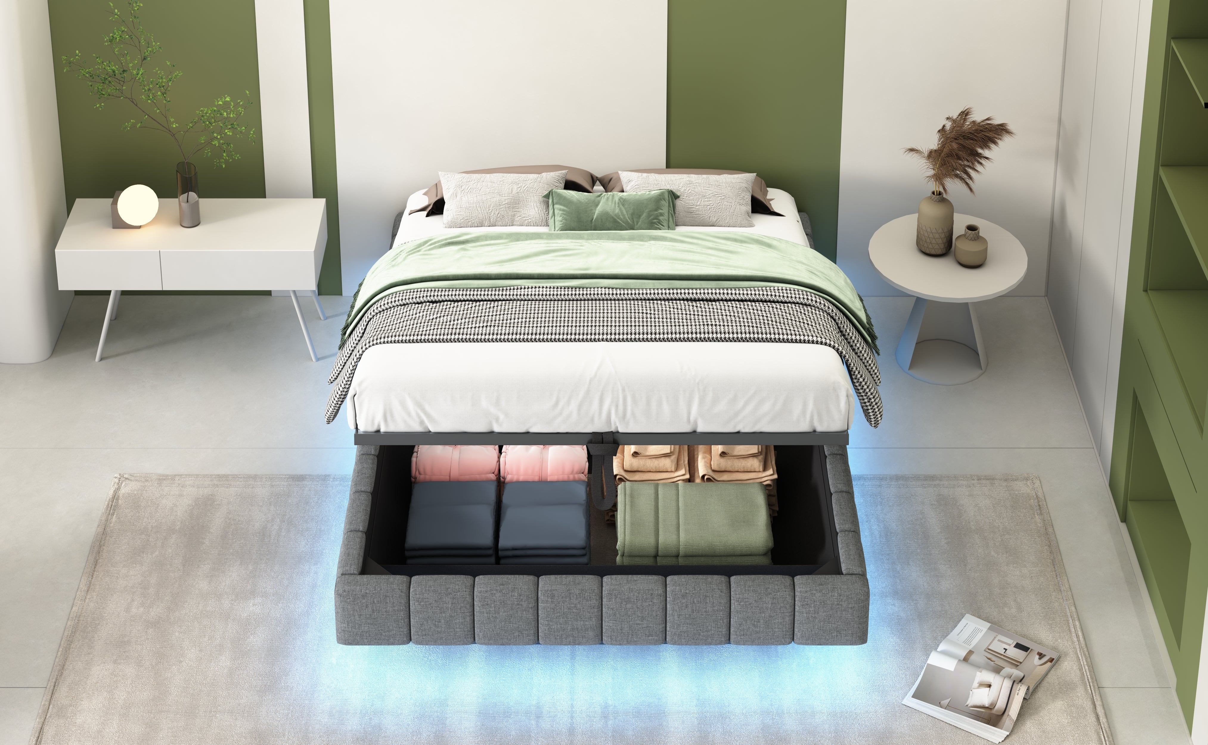 Logidon gestoffeerd bed 140x200 cm met opbergruimte LED licht linnengrijs