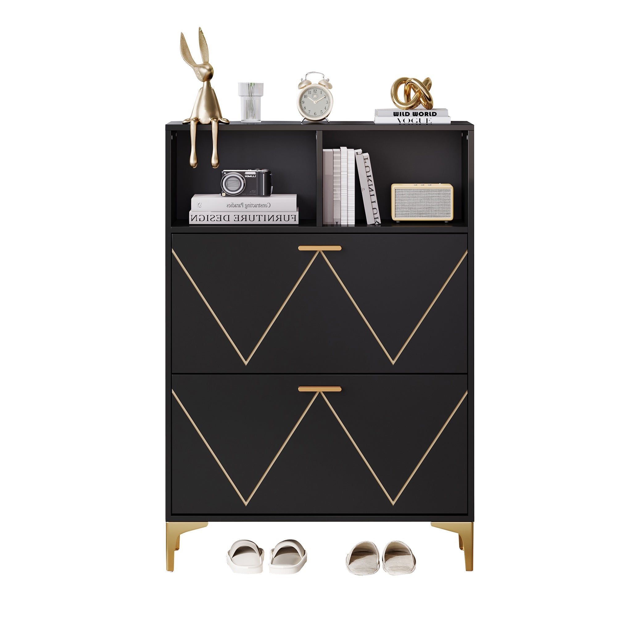 Logidon shoe cabinet 80x25x117 cm black with folding doors and four shoe shelves