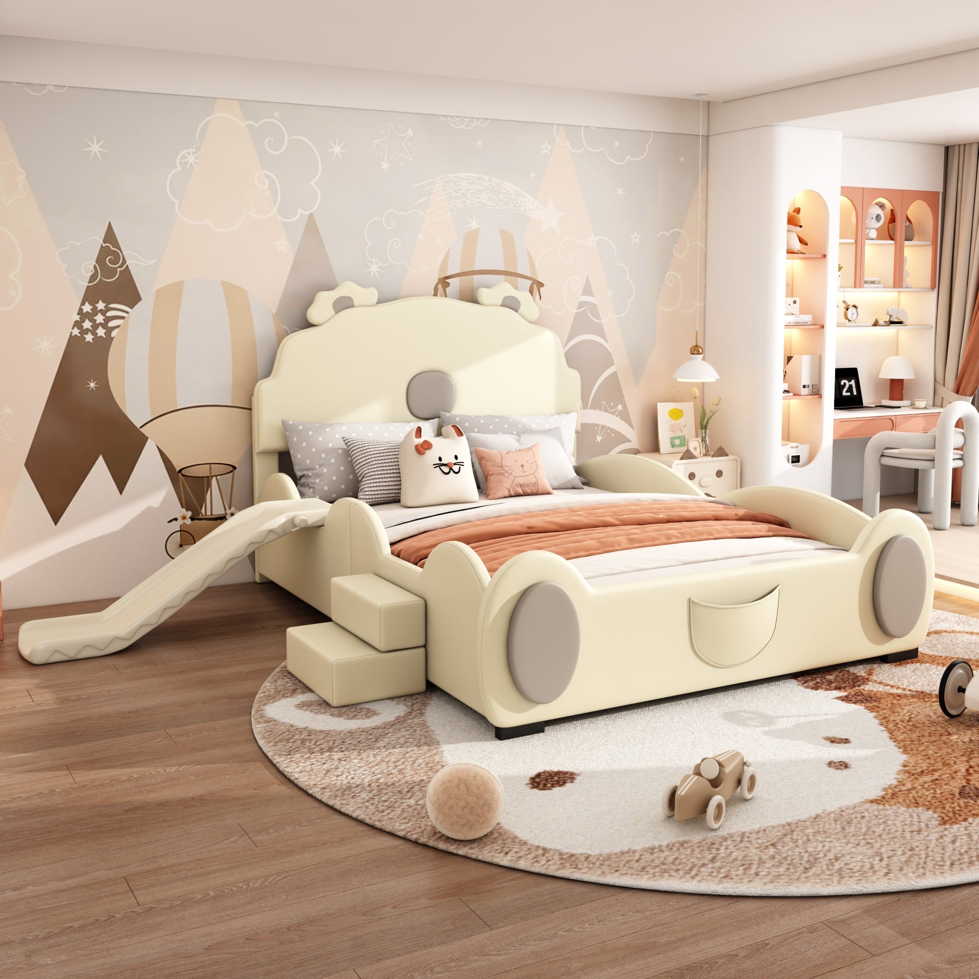 Logidon Cartoon Bear Bed 90x200 cm With Slide And Ladder Beige