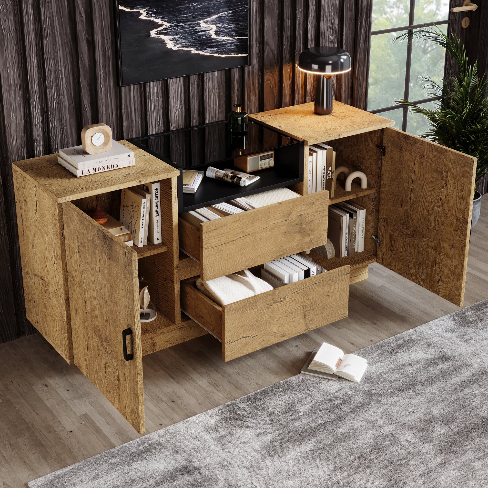 Logidon oak look chest of drawers sideboard 2 drawers 2 cupboards H70