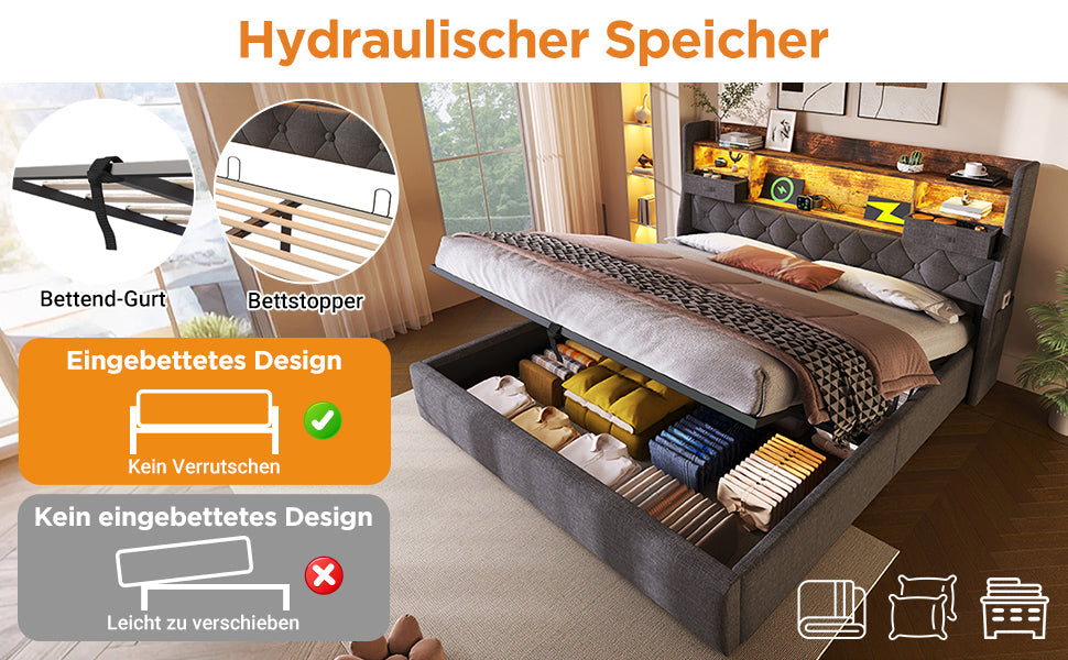 Logidon gestoffeerd bed 160x200 cm met opbergruimte, LED-hoofdbord, USB-C
