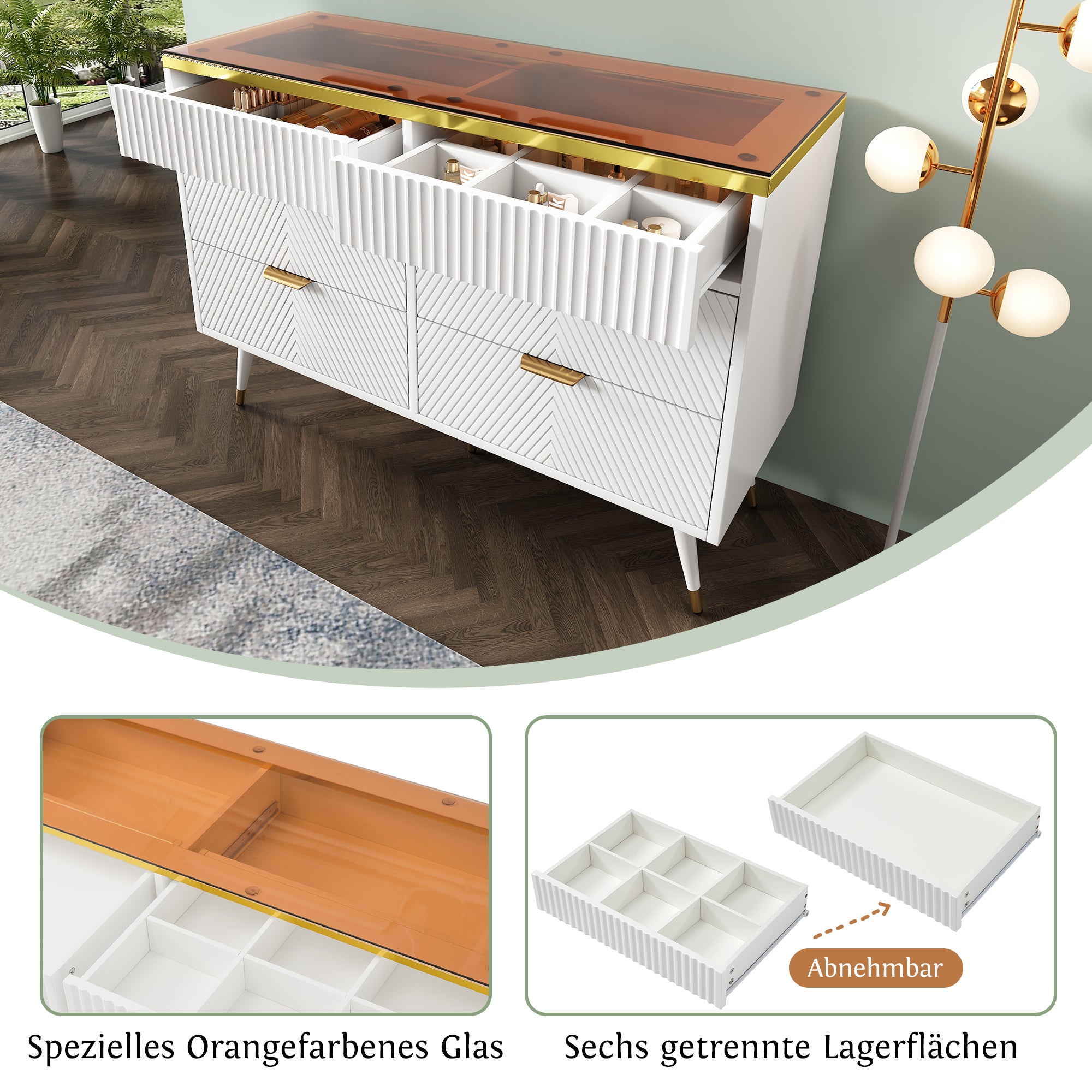 Logidon ladekast amber glazen dressoir 6 lades 120x40x76 wit