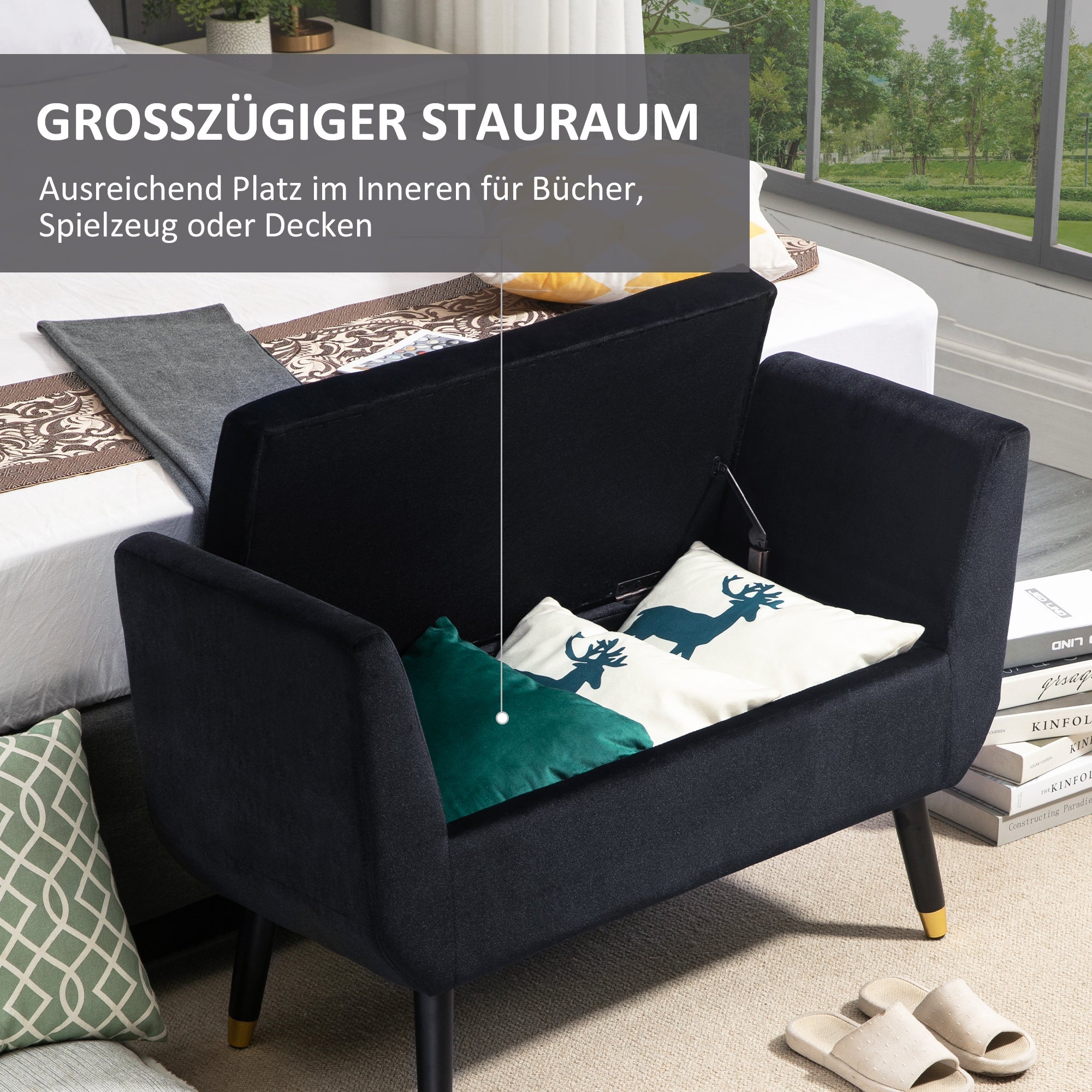 Logidon luxe bank met opbergruimte fluweel zwart 107x42x65 cm