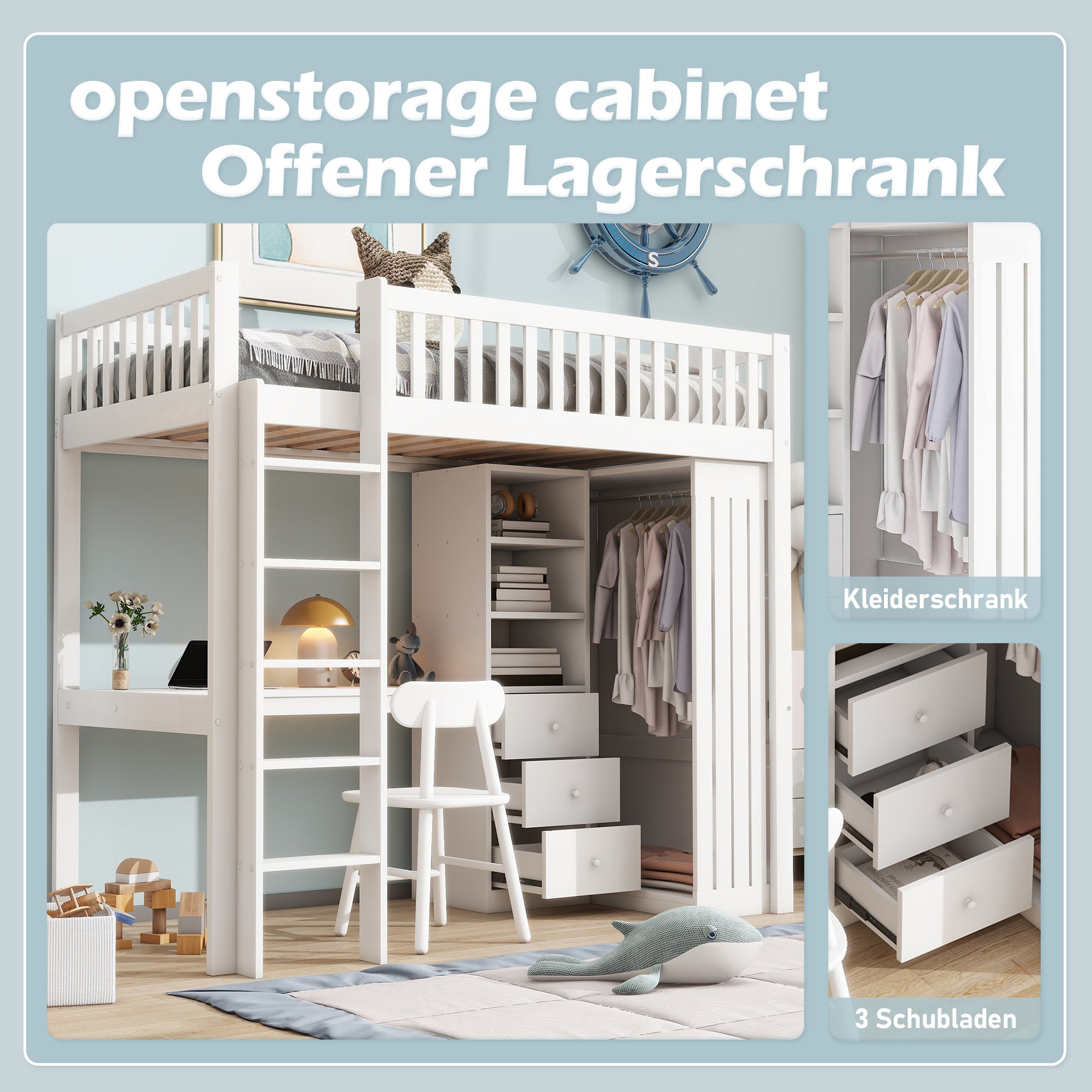 Logidon hoogslaper 90x200 wit met bureau en kledingkast