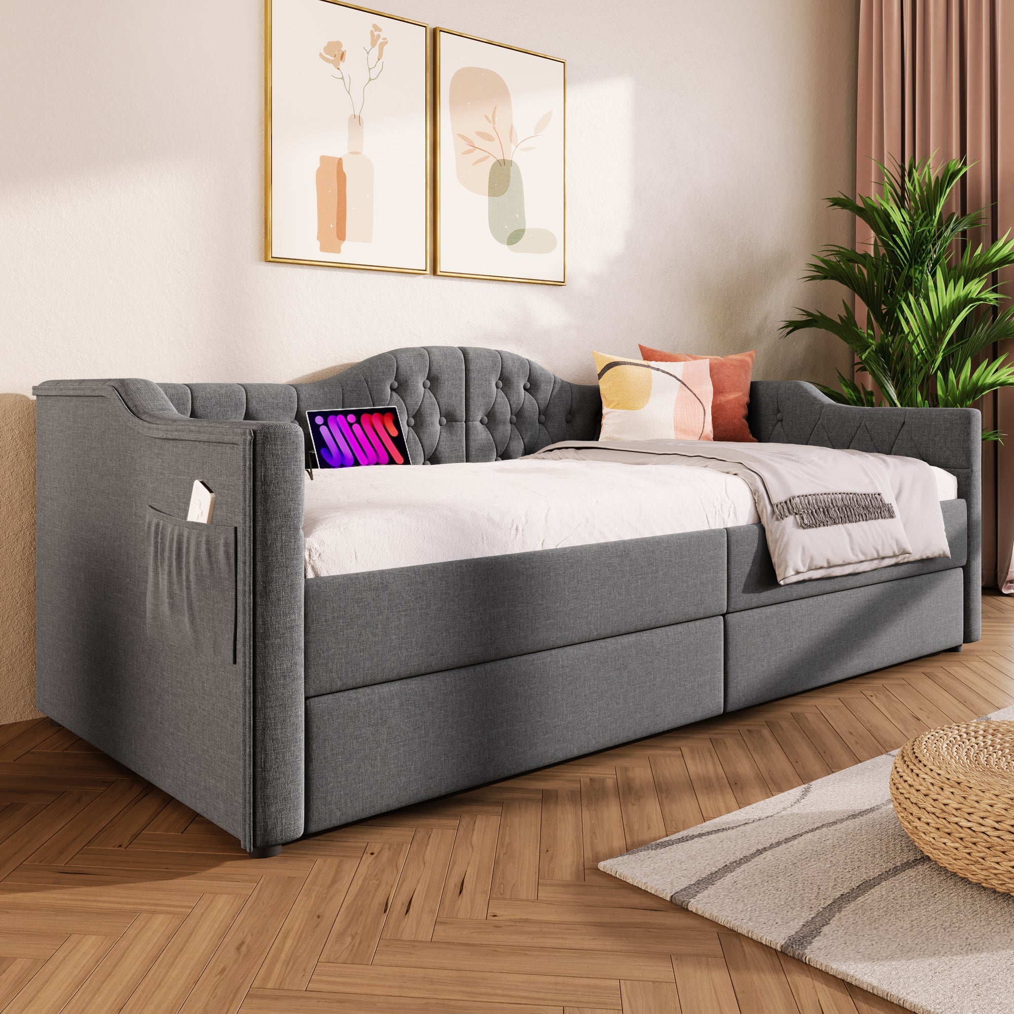 Logidon upholstered daybed 90x200 gray USB-C charging function 2 drawers