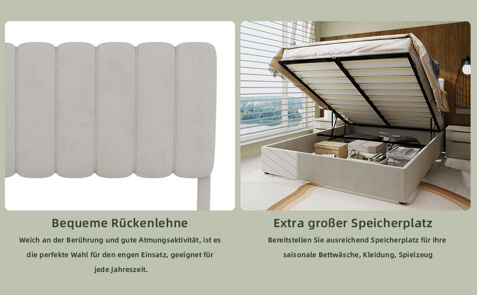 Logidon 160x200 cm gewatteerd bed beige met gasveer opbergruimte