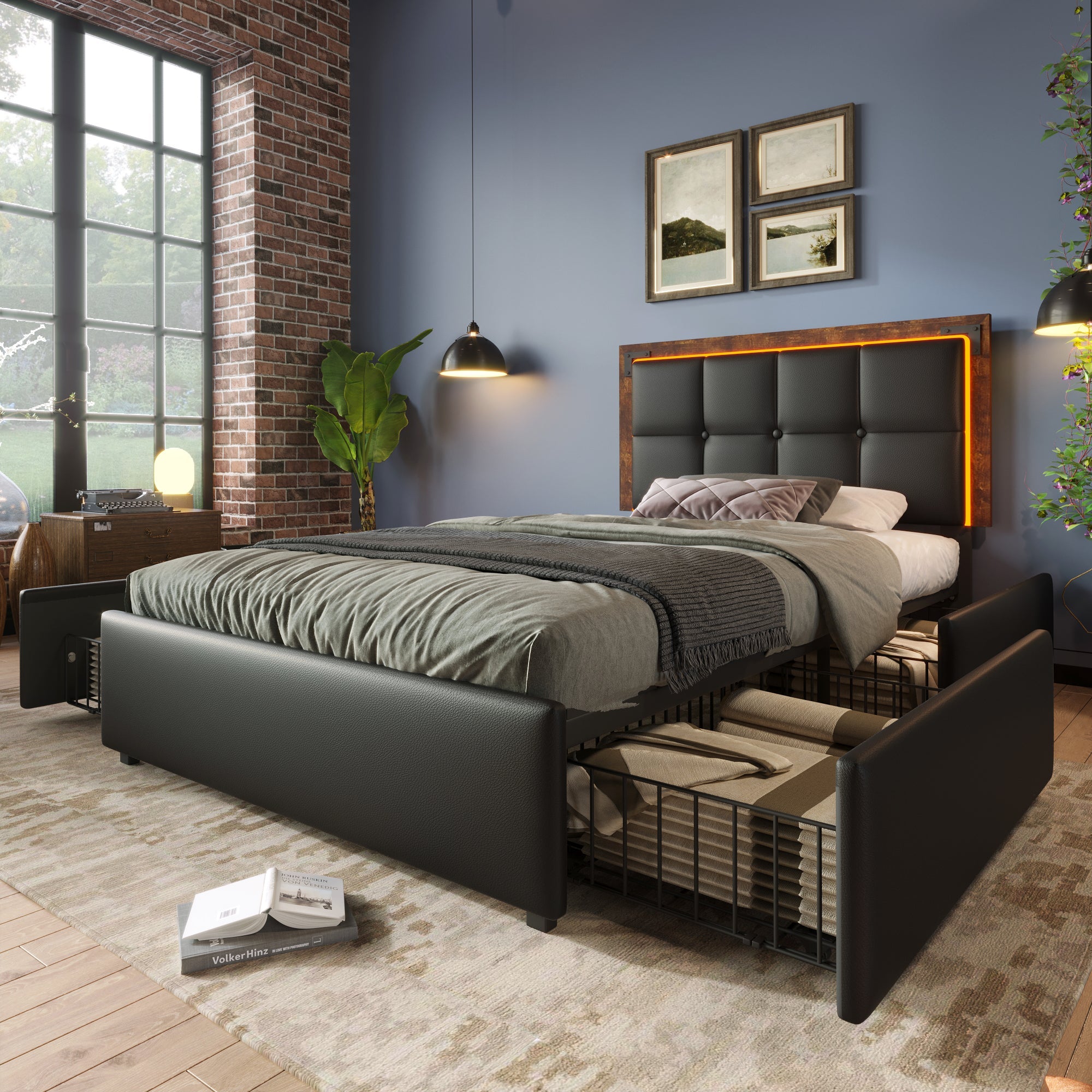 Logidon bed frame LED lighting strip 4 drawers 90x200 black