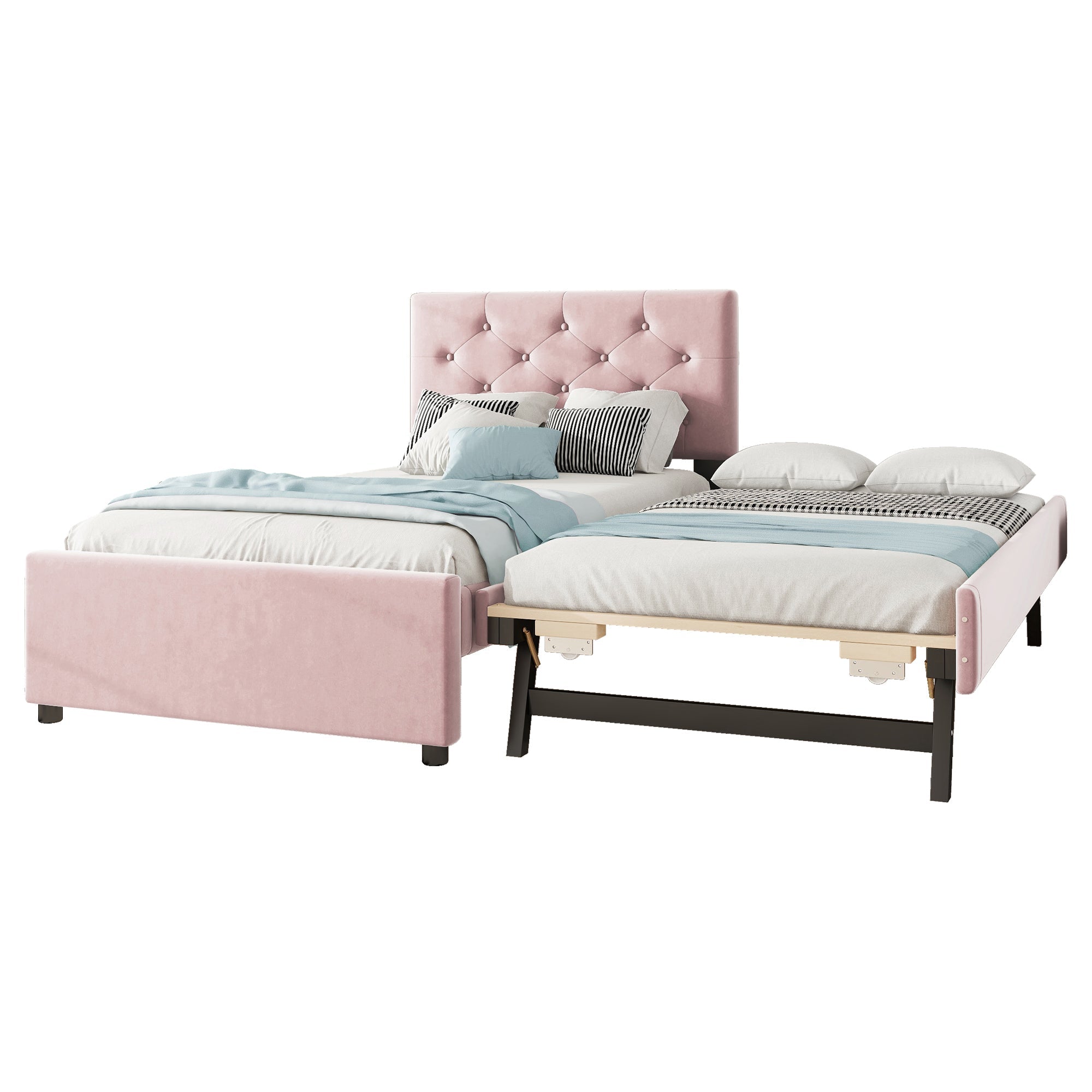 Logidon gestoffeerd bed 90x200 roze fluweel met rolcontainer