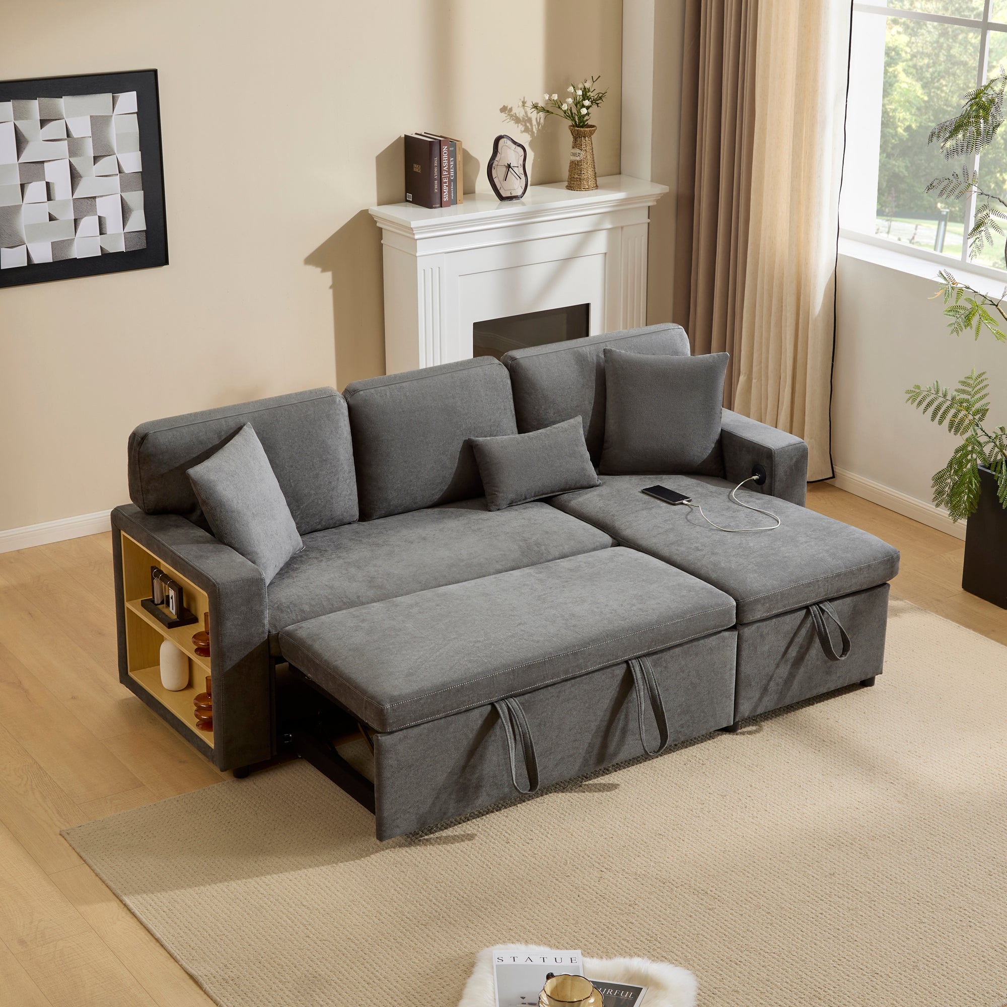 Logidon Corner Sofa Gray Extendable Bed With Bed Box Shelf 214x131