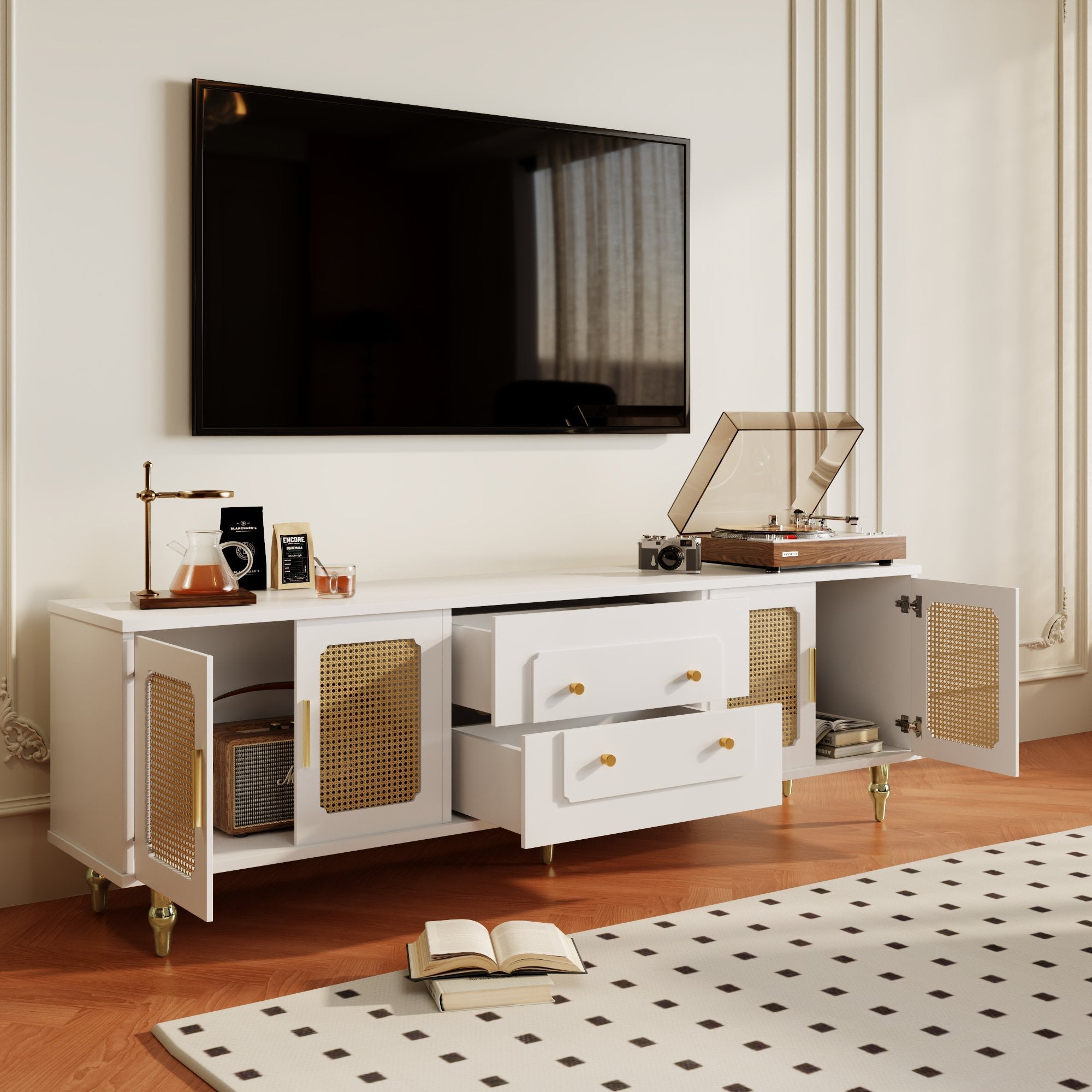 Logidon Lowboard White Retro Style TV Furniture with Golden Handles