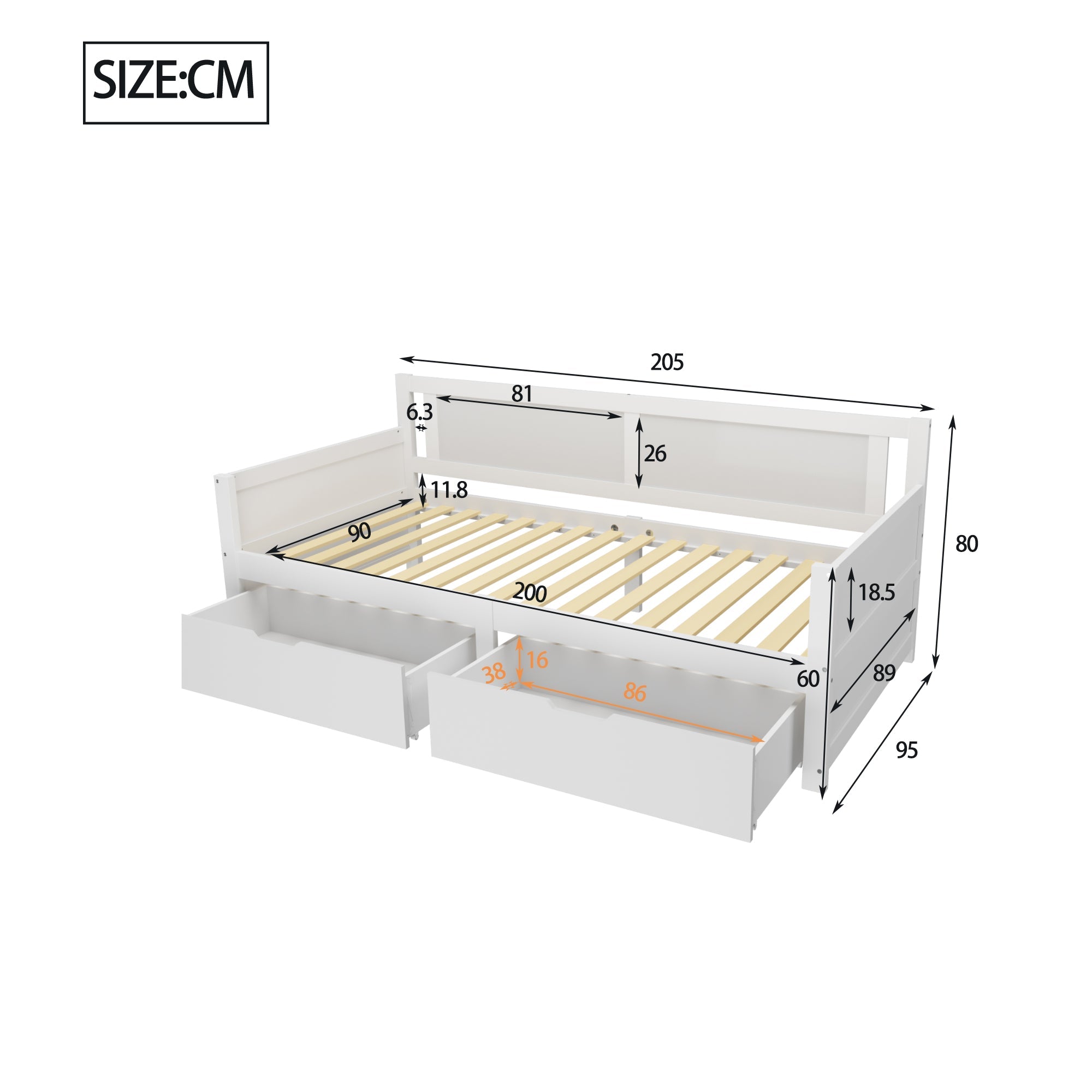 Logidon slaapbank 90x200 wit massief houten frame twee opbergvakken