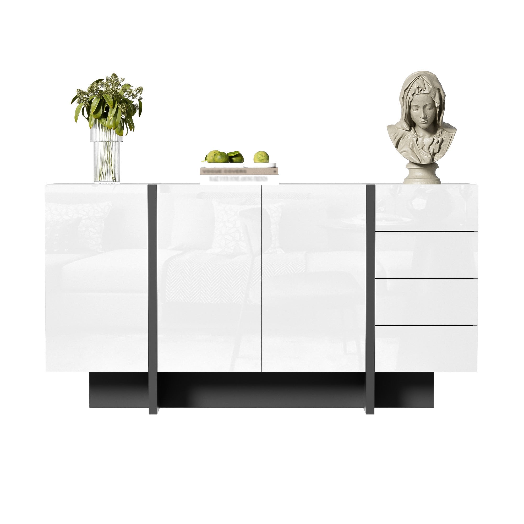 Logidon wit hoogglans dressoir 150x40x80,5 2 deuren 4 lades