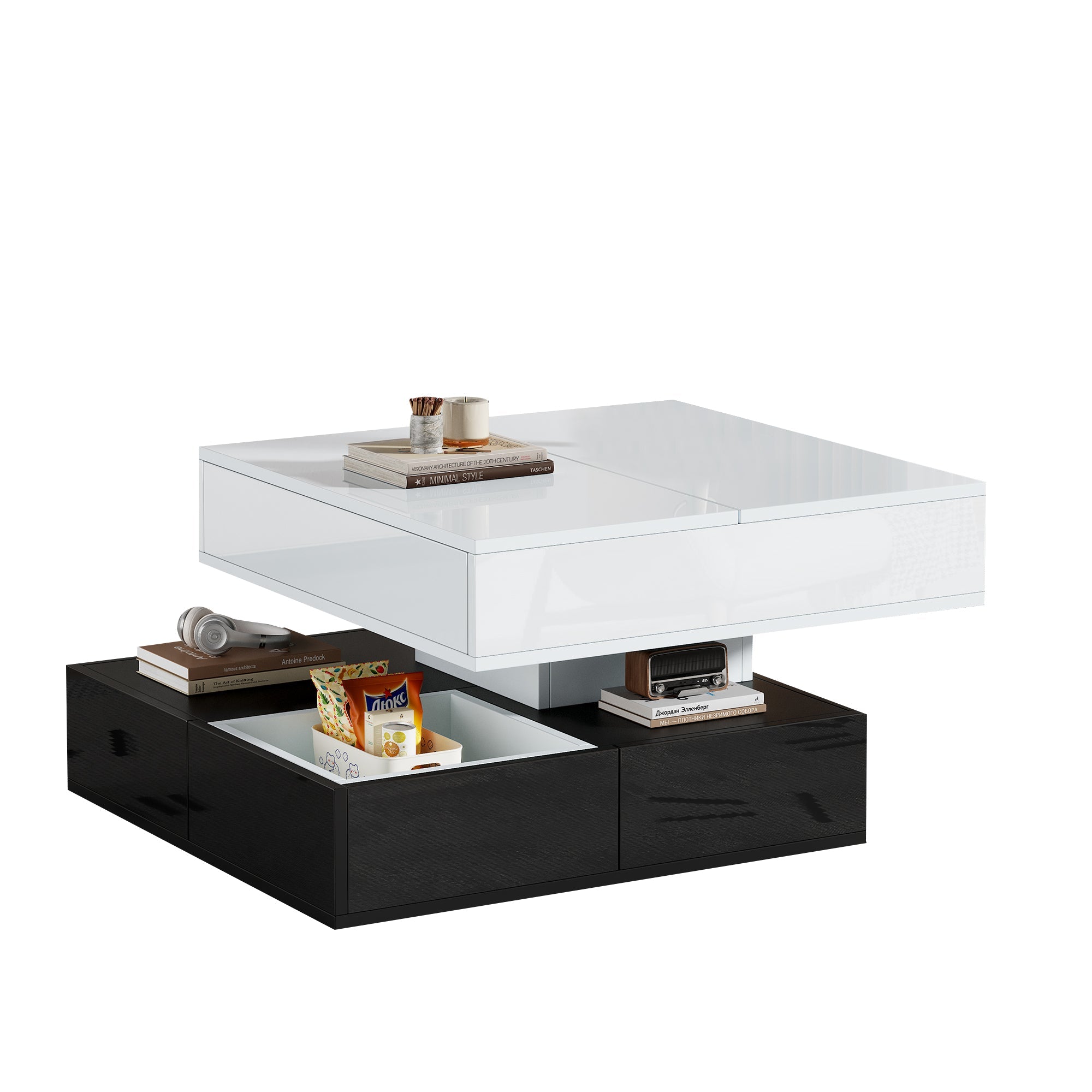 Logidon salontafel 70x70 hefblad 360 graden draaibaar 3 lades wit