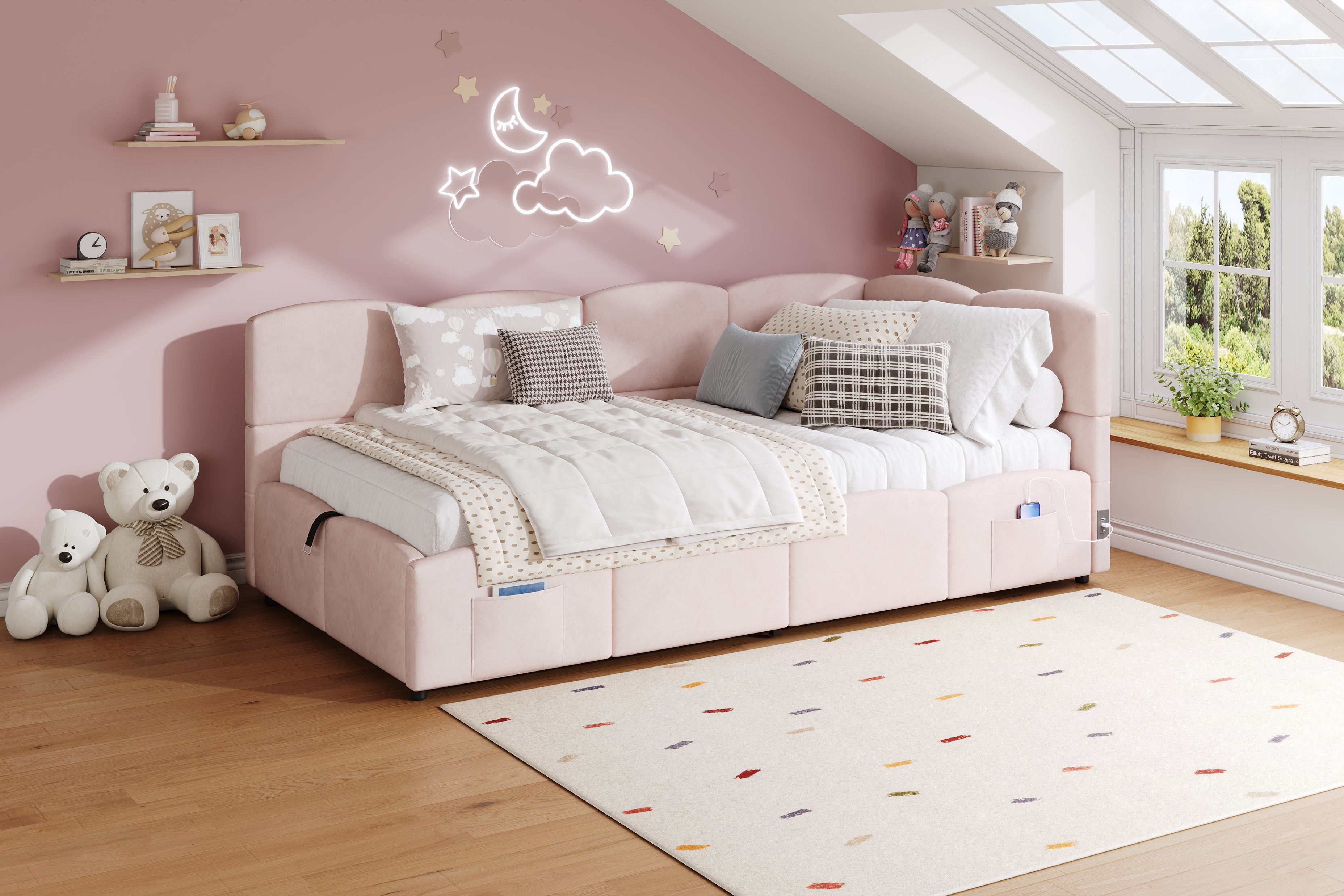 Logidon fluweel gestoffeerd bed roze 90x200 met lattenbodem en opbergruimte